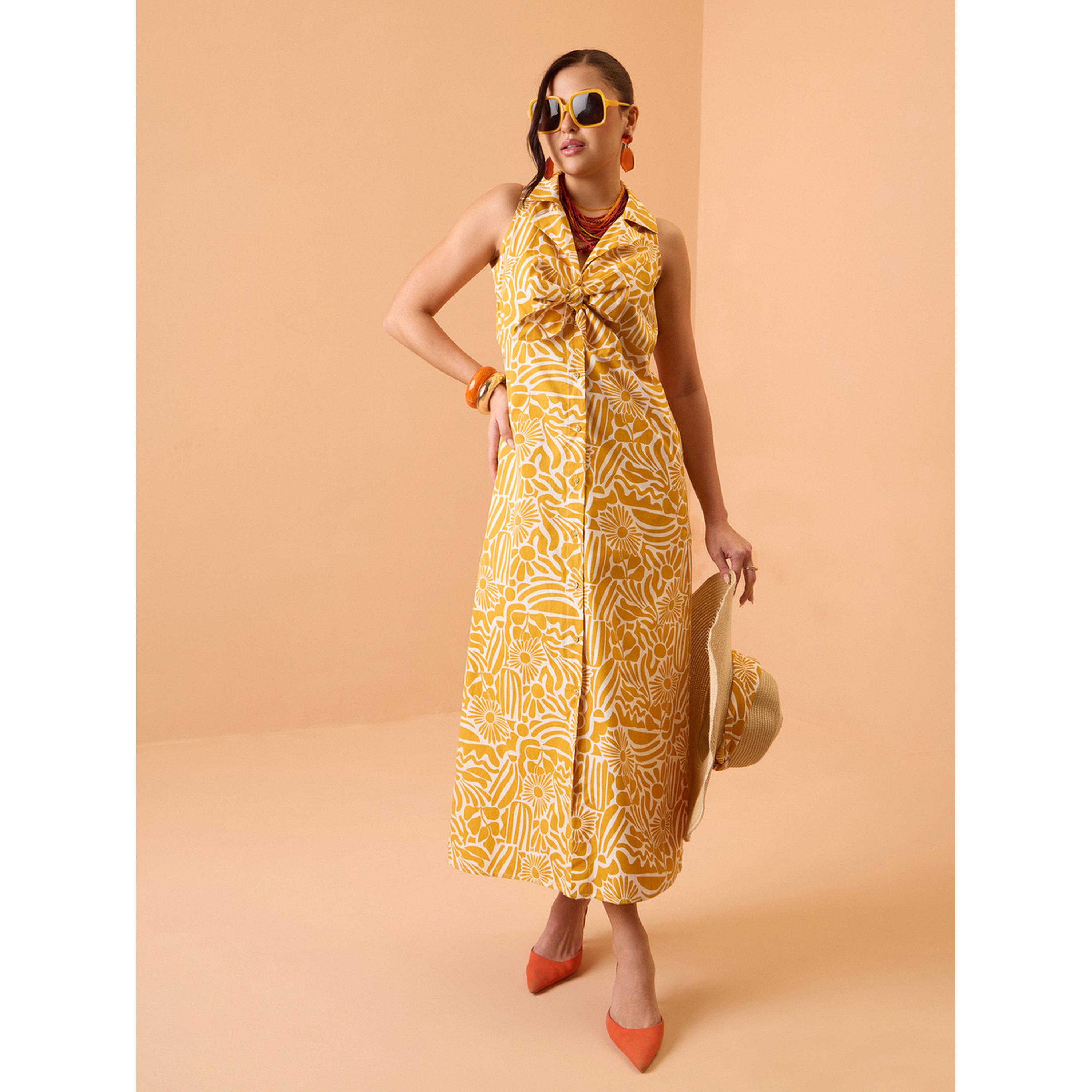 فستان ميدي بتفاصيل فيونكة وطبعة كاملة أصفر-women-clothing-dresses-image-4