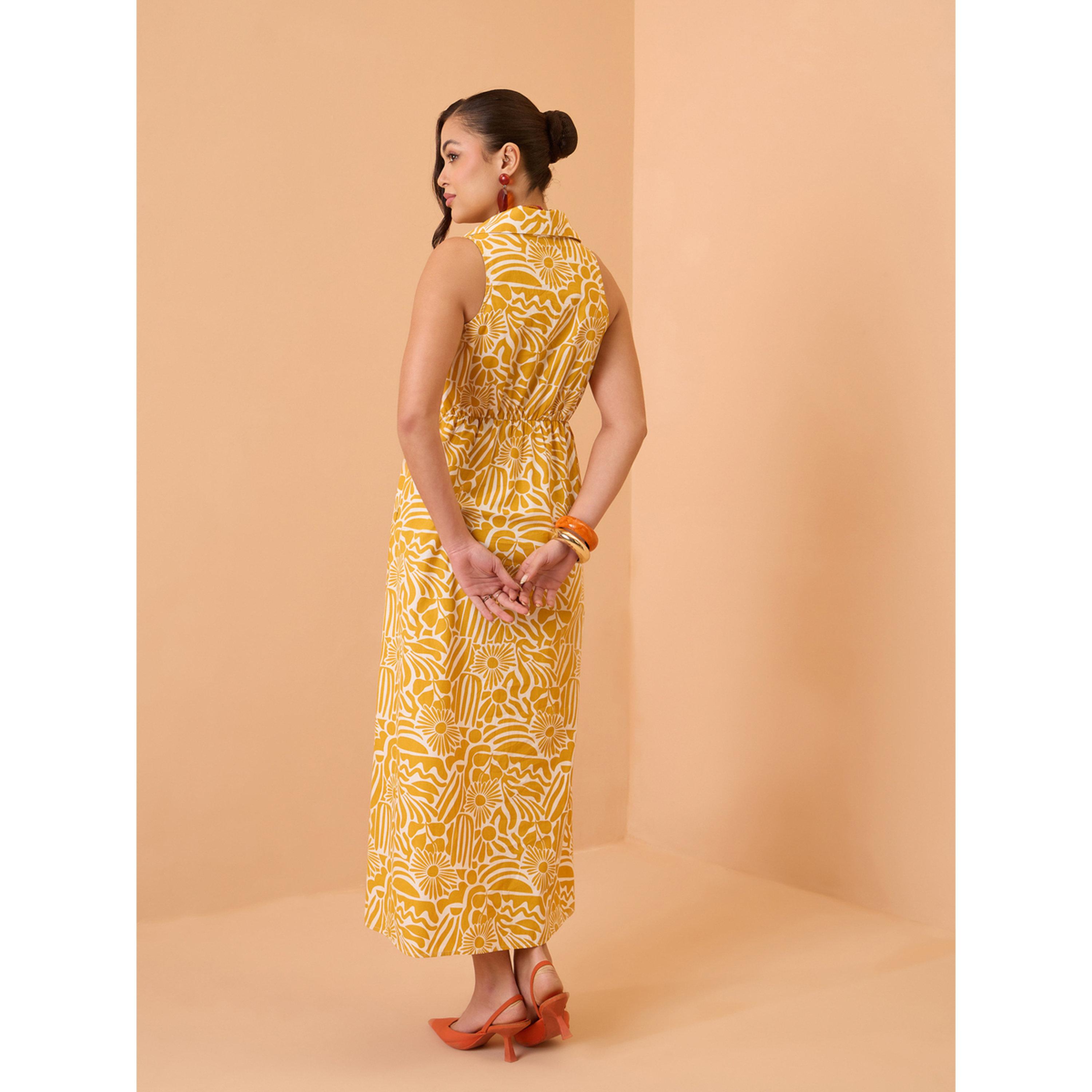 فستان ميدي بتفاصيل فيونكة وطبعة كاملة أصفر-women-clothing-dresses-image-5
