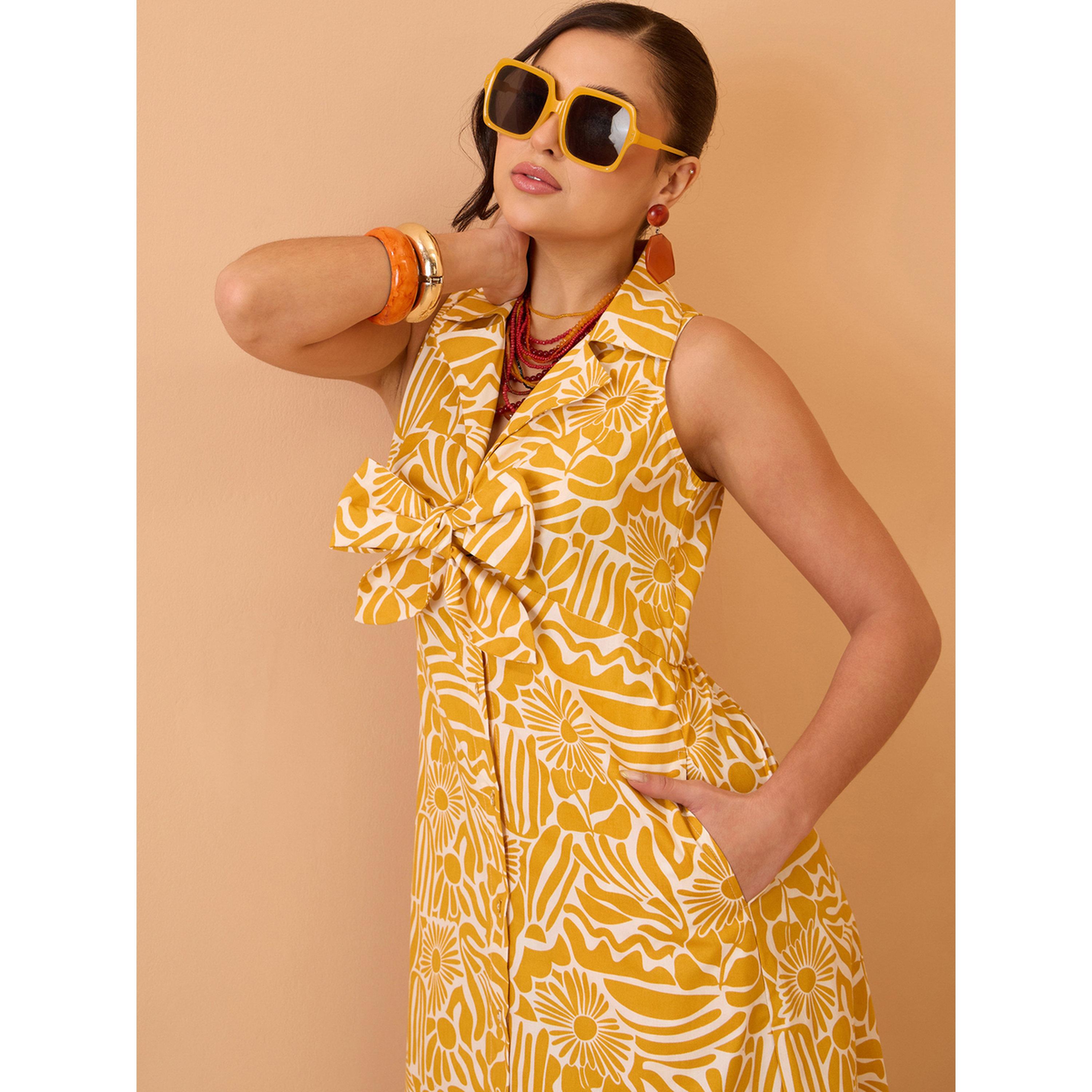 فستان ميدي بتفاصيل فيونكة وطبعة كاملة أصفر-women-clothing-dresses-image-6
