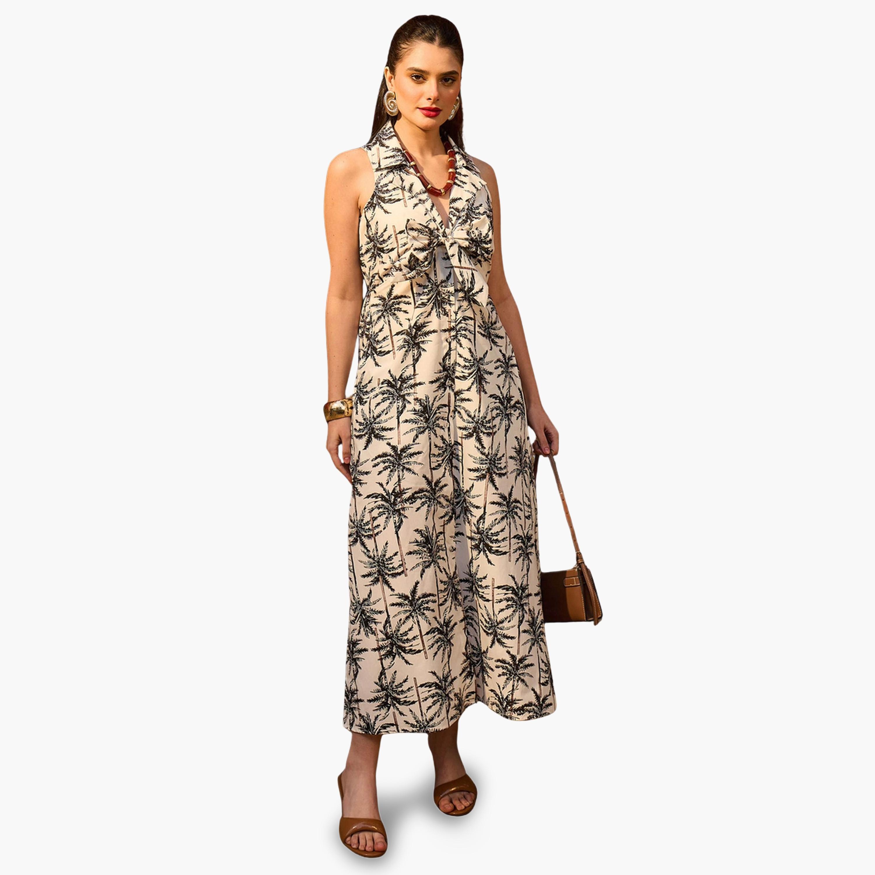Sassafras X Styli Black Palm Print Bow Detail Midi Dress-women-clothing-dresses-image-1