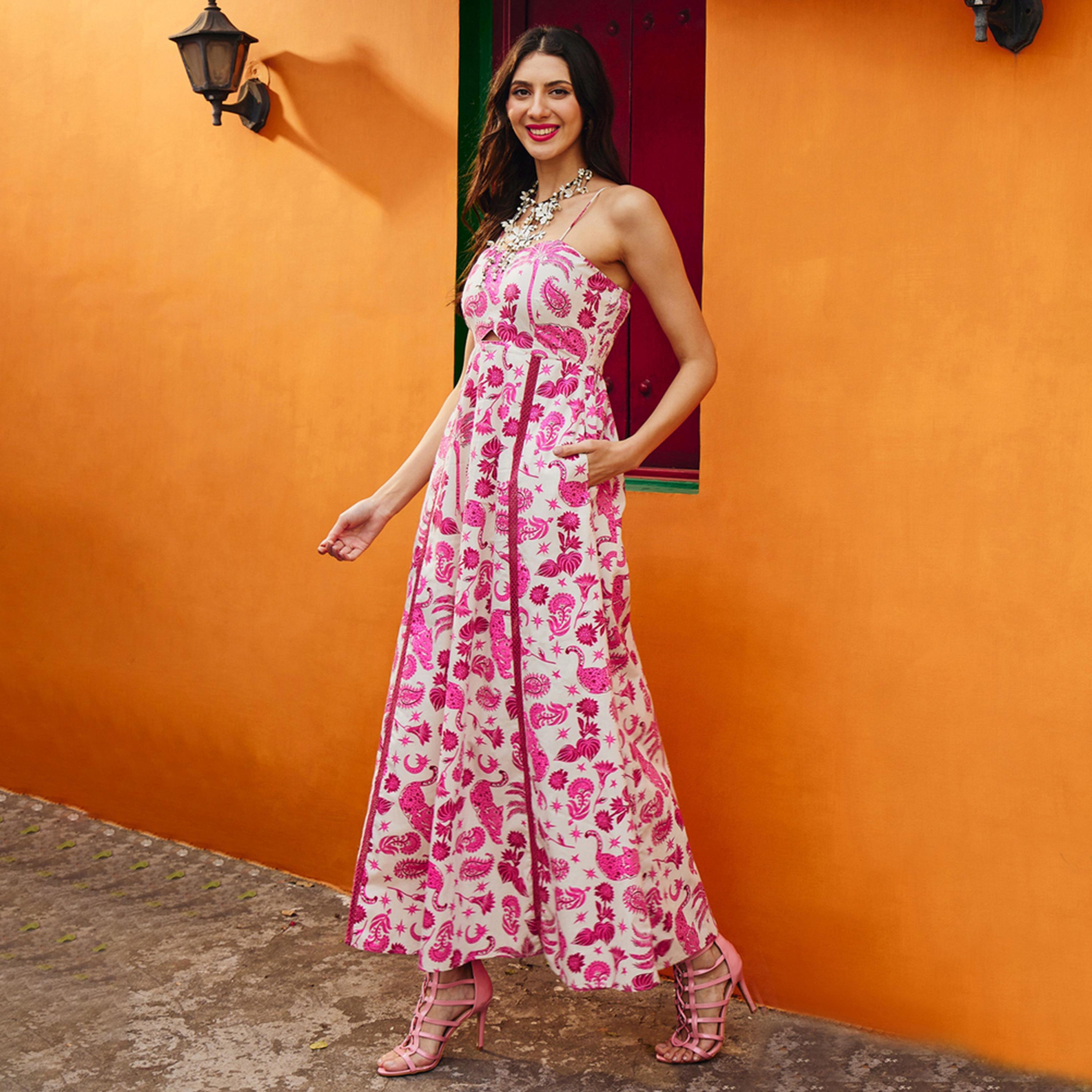 فستان طويل بسيور وطبعة استوائية وردي-women-clothing-dresses-image-1