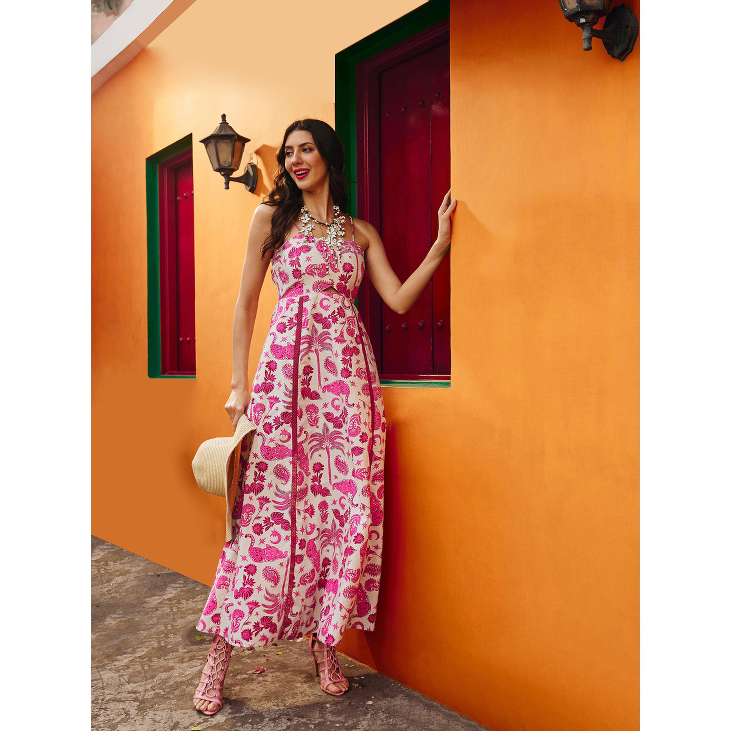 فستان طويل بسيور وطبعة استوائية وردي-women-clothing-dresses-image-2