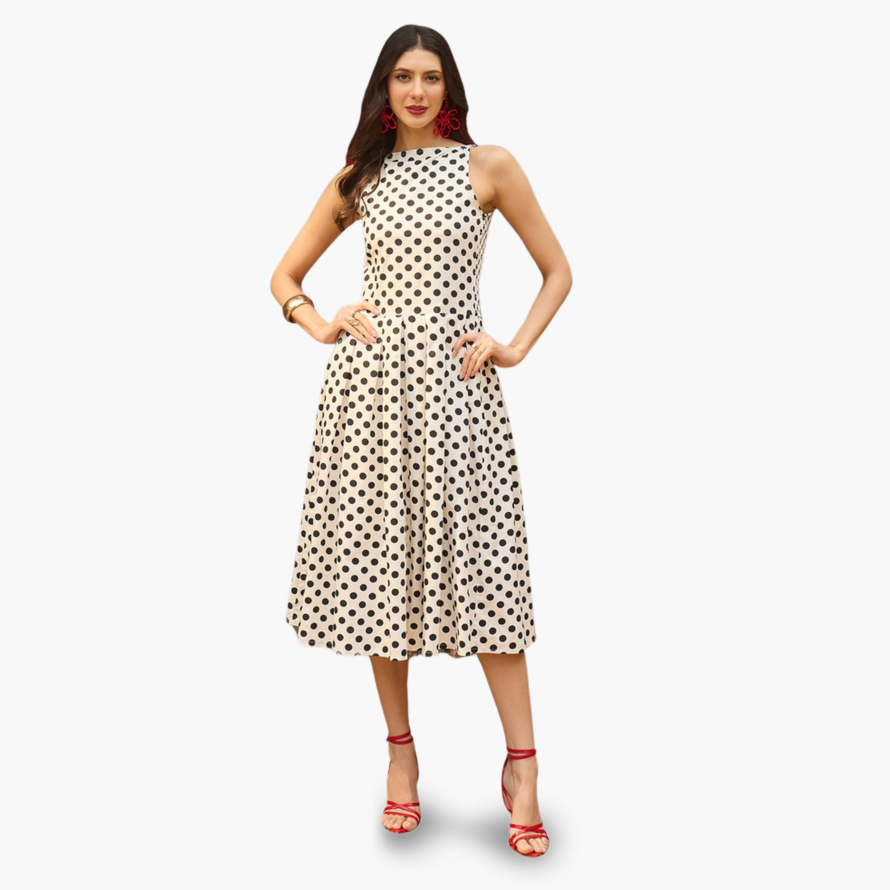 فستان ميدي بكسرات وطبعة منقطة أبيض-women-clothing-dresses-image-1