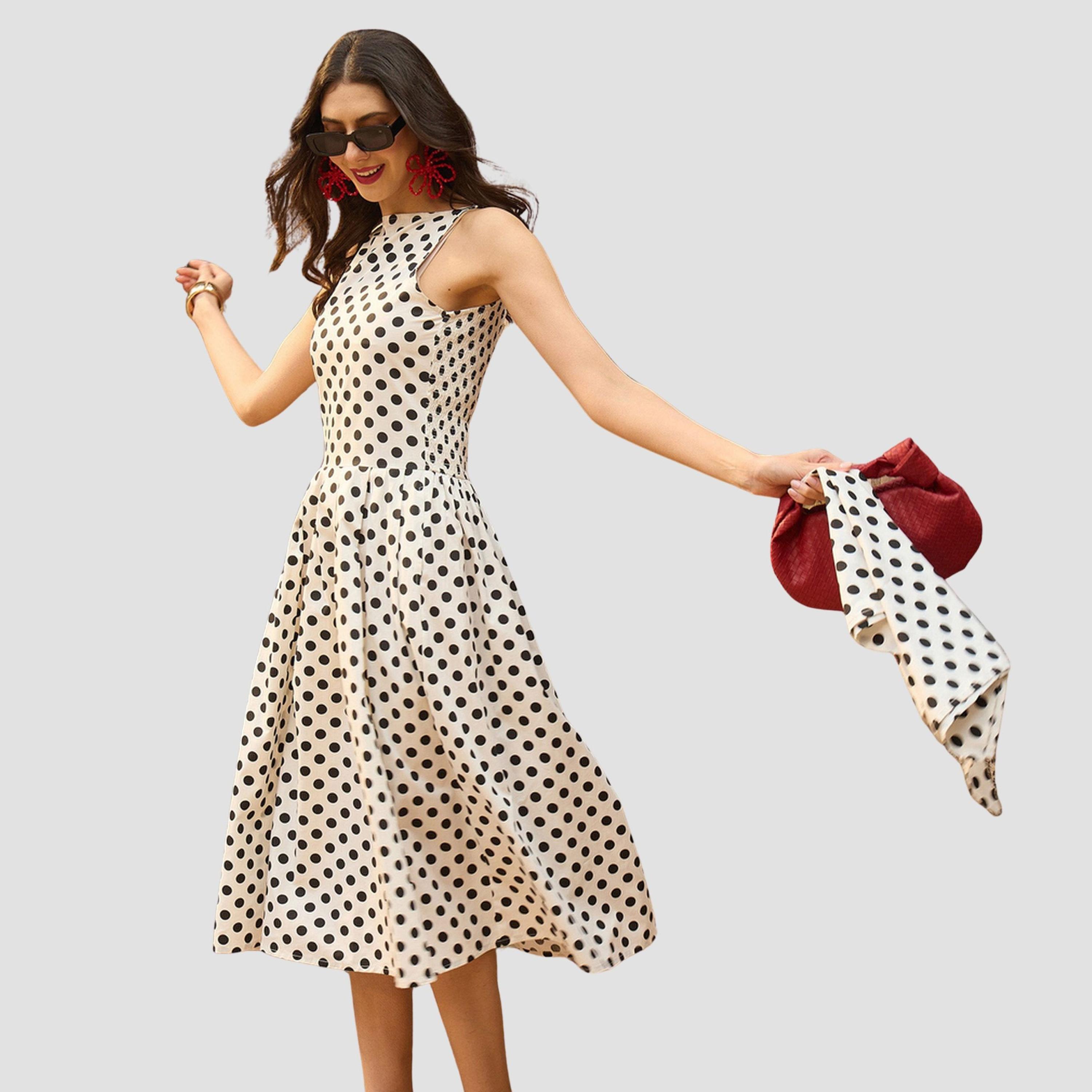 فستان ميدي بكسرات وطبعة منقطة أبيض-women-clothing-dresses-image-3