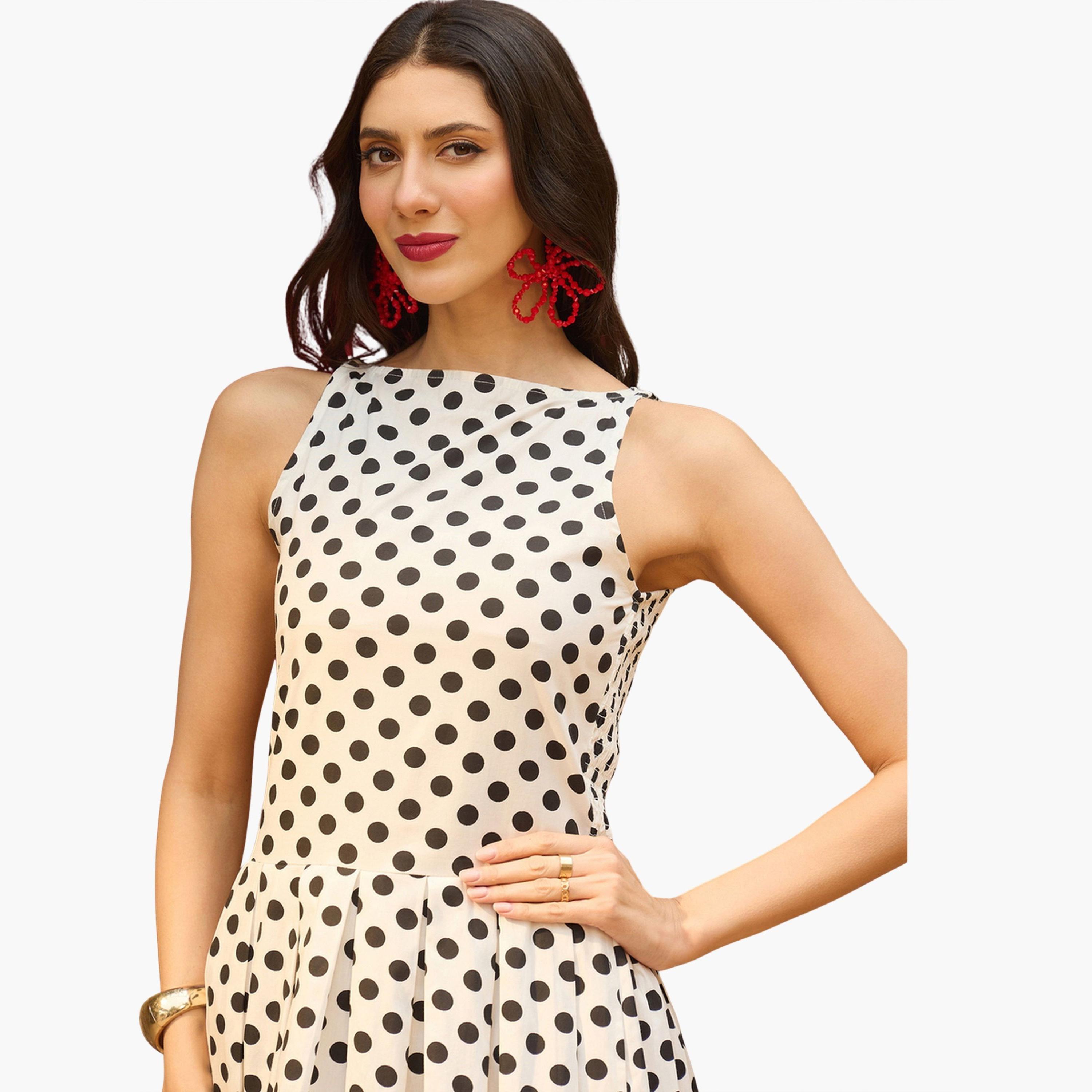 فستان ميدي بكسرات وطبعة منقطة أبيض-women-clothing-dresses-image-4