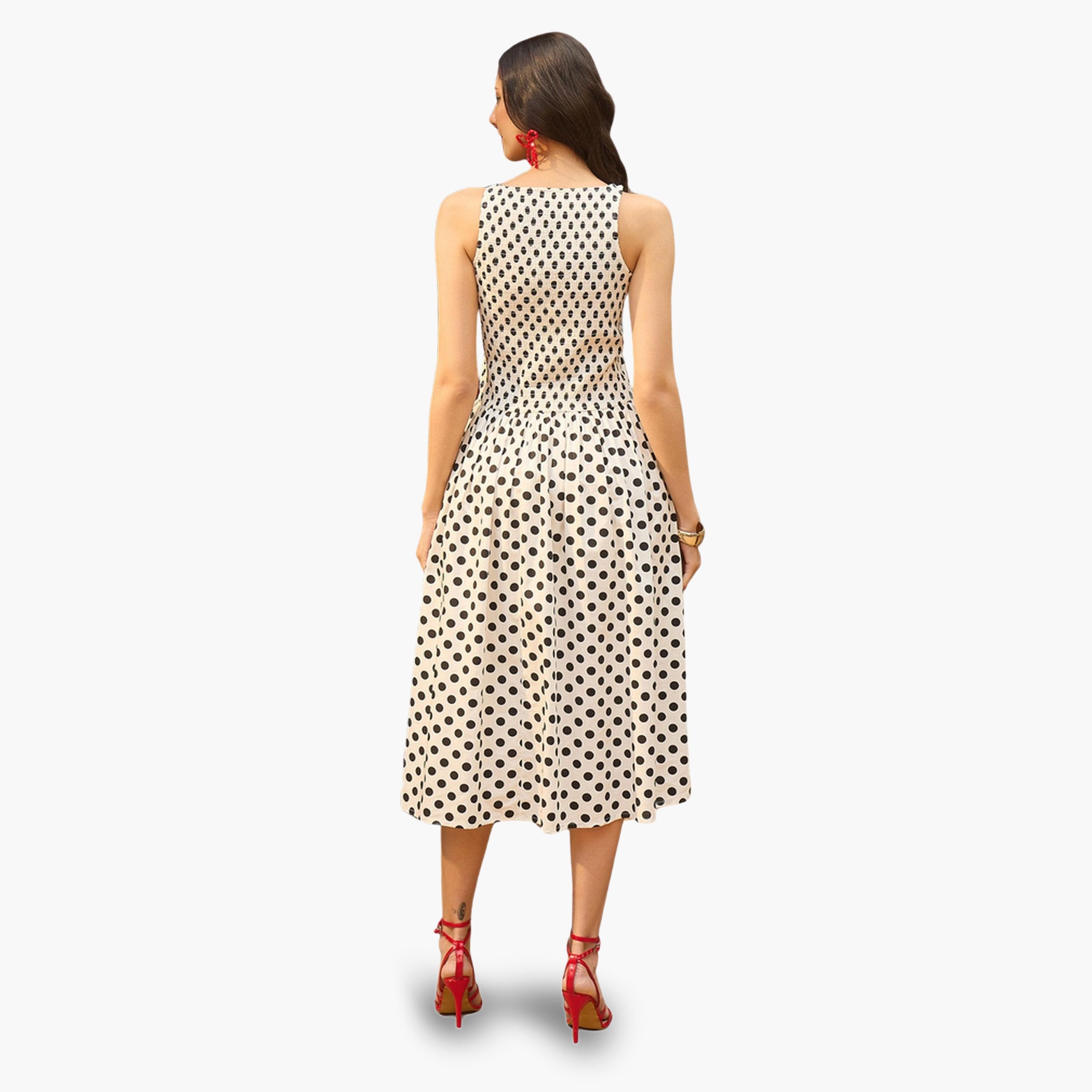 فستان ميدي بكسرات وطبعة منقطة أبيض-women-clothing-dresses-image-5