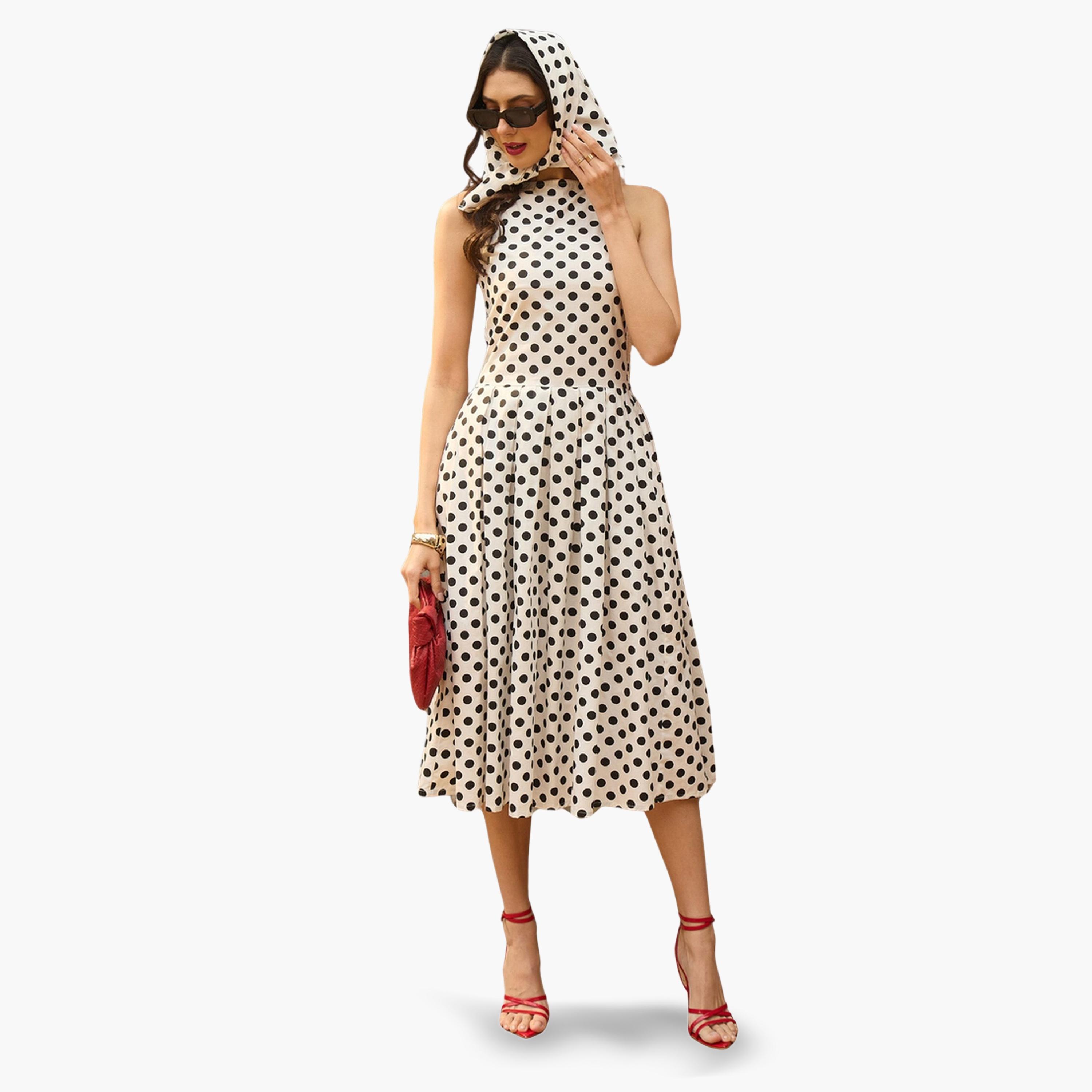 فستان ميدي بكسرات وطبعة منقطة أبيض-women-clothing-dresses-image-6