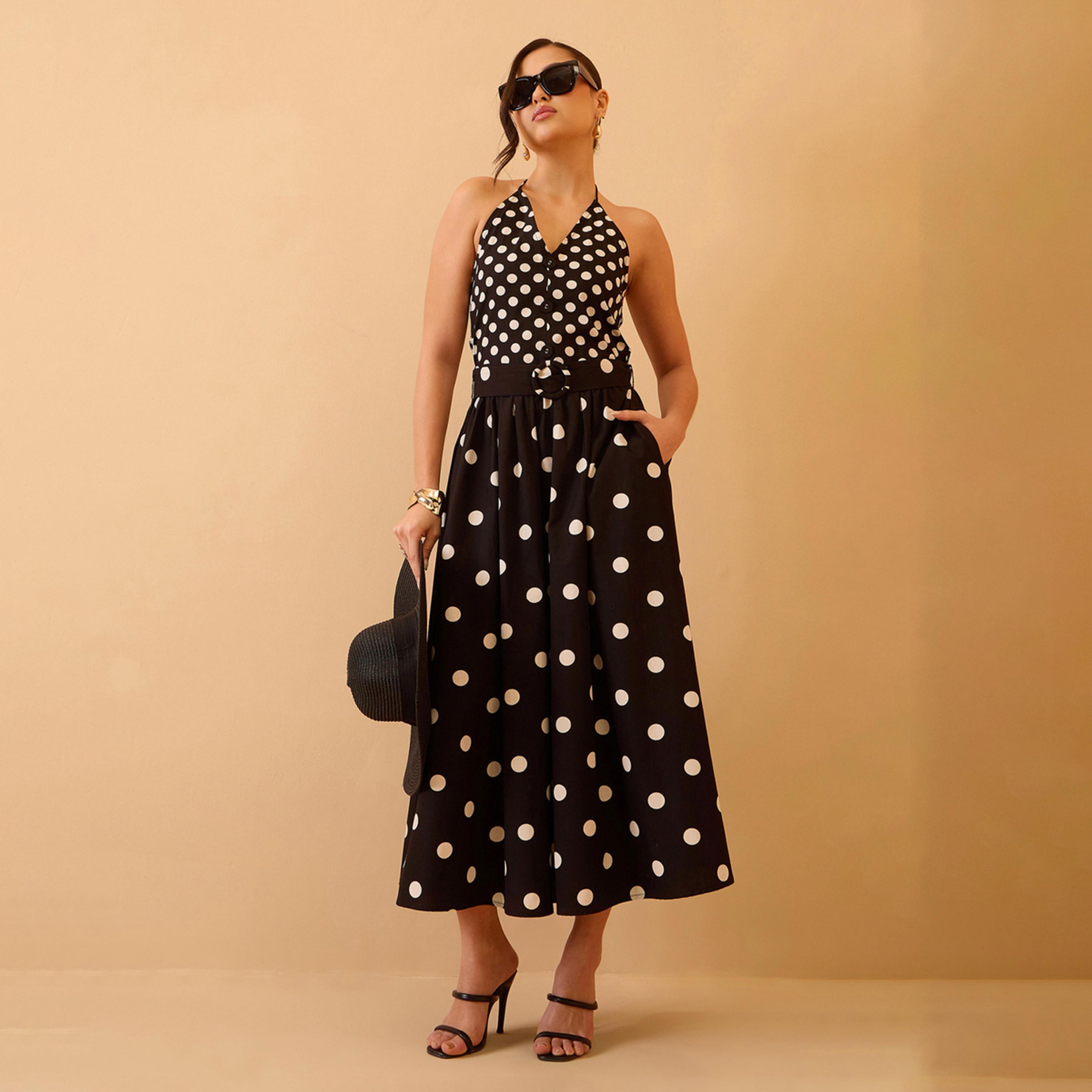 فستان ميدي بياقة هولتر وطبعة منقطة أسود-women-clothing-dresses-image-1