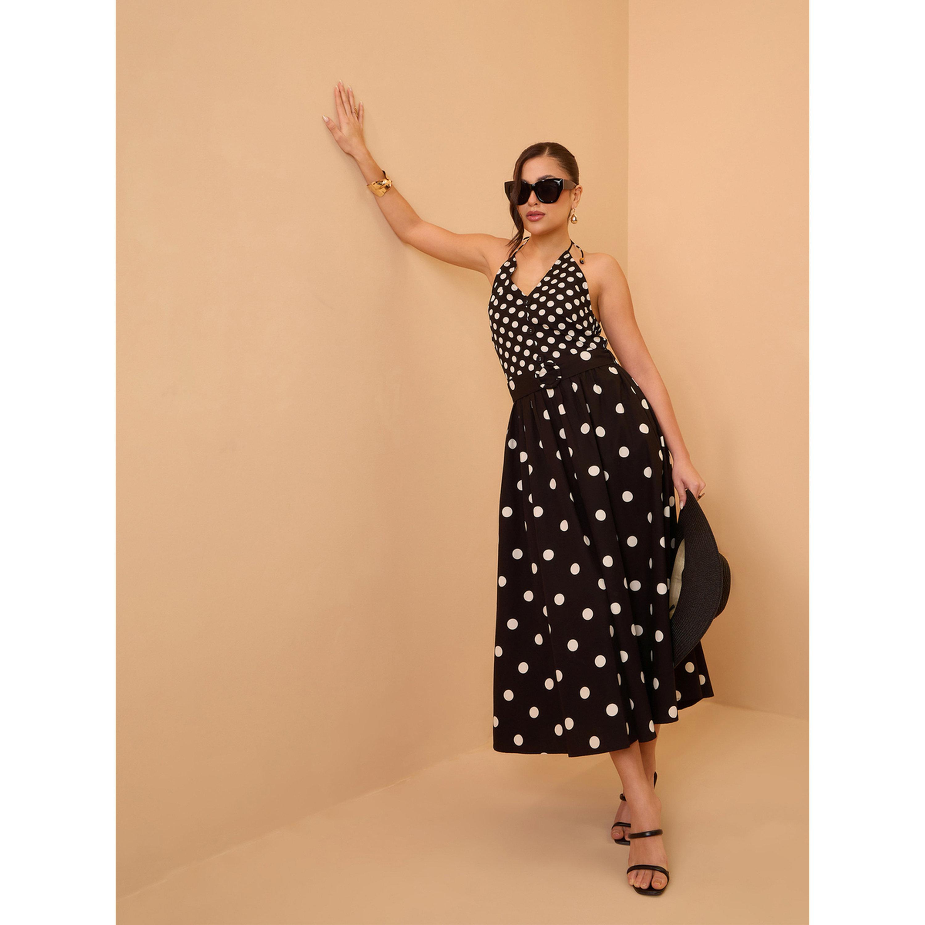 فستان ميدي بياقة هولتر وطبعة منقطة أسود-women-clothing-dresses-image-2