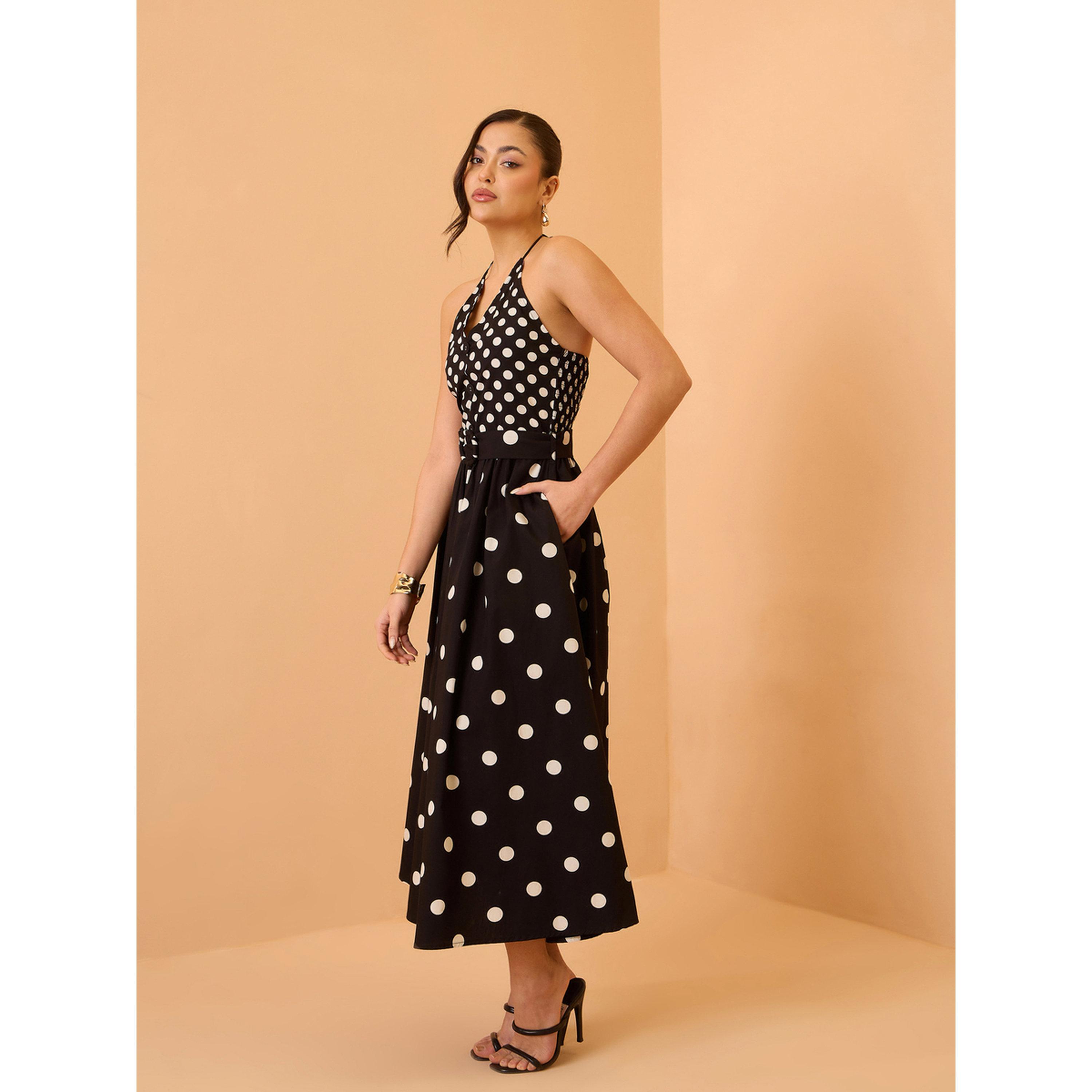 فستان ميدي بياقة هولتر وطبعة منقطة أسود-women-clothing-dresses-image-3