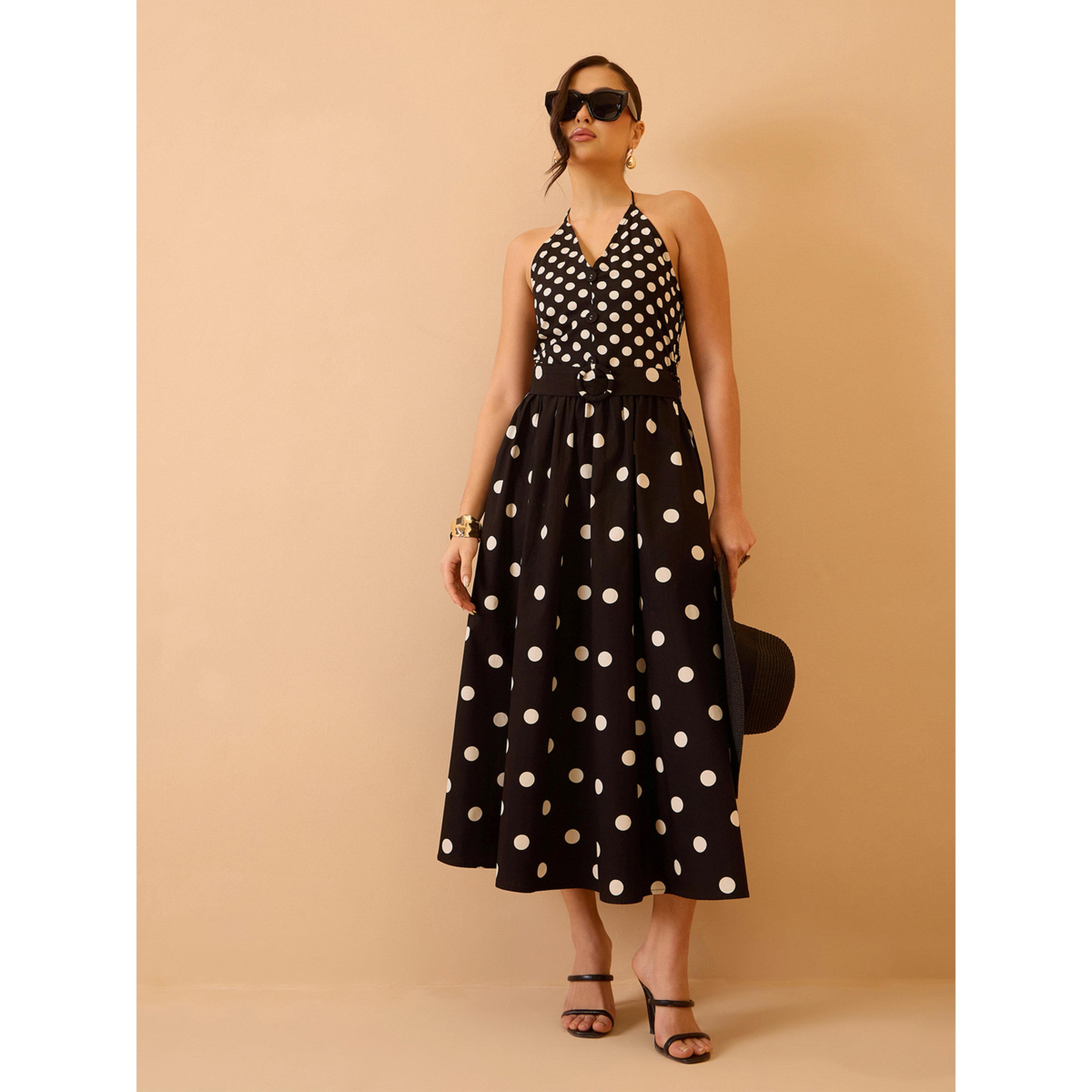 فستان ميدي بياقة هولتر وطبعة منقطة أسود-women-clothing-dresses-image-4