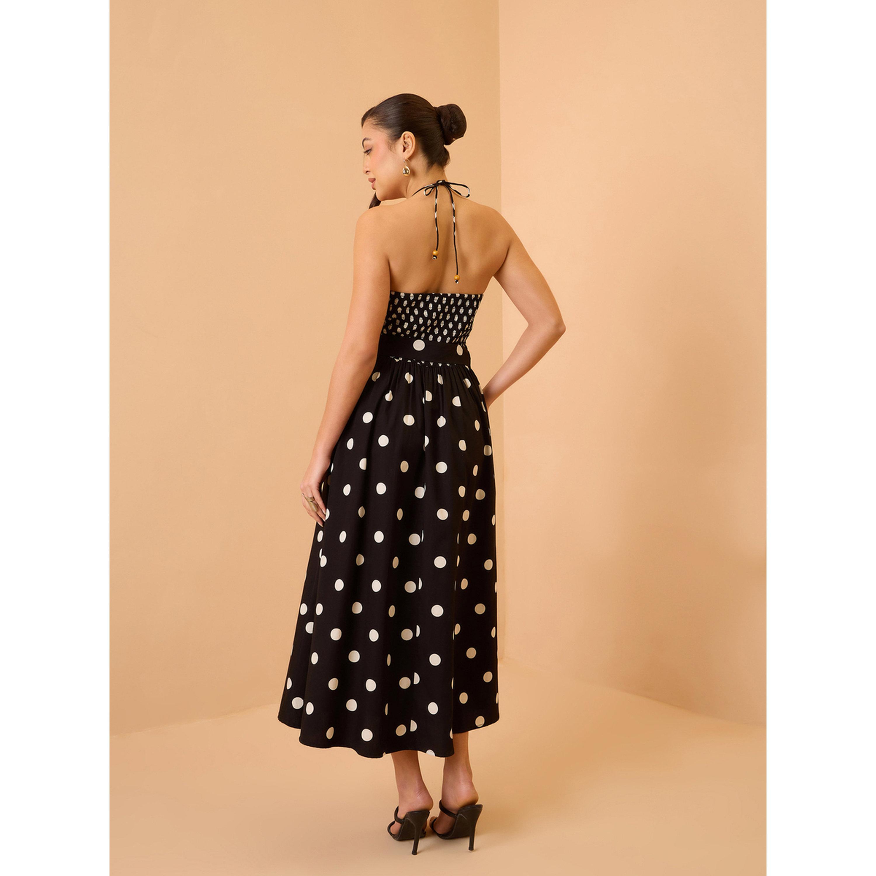 فستان ميدي بياقة هولتر وطبعة منقطة أسود-women-clothing-dresses-image-5