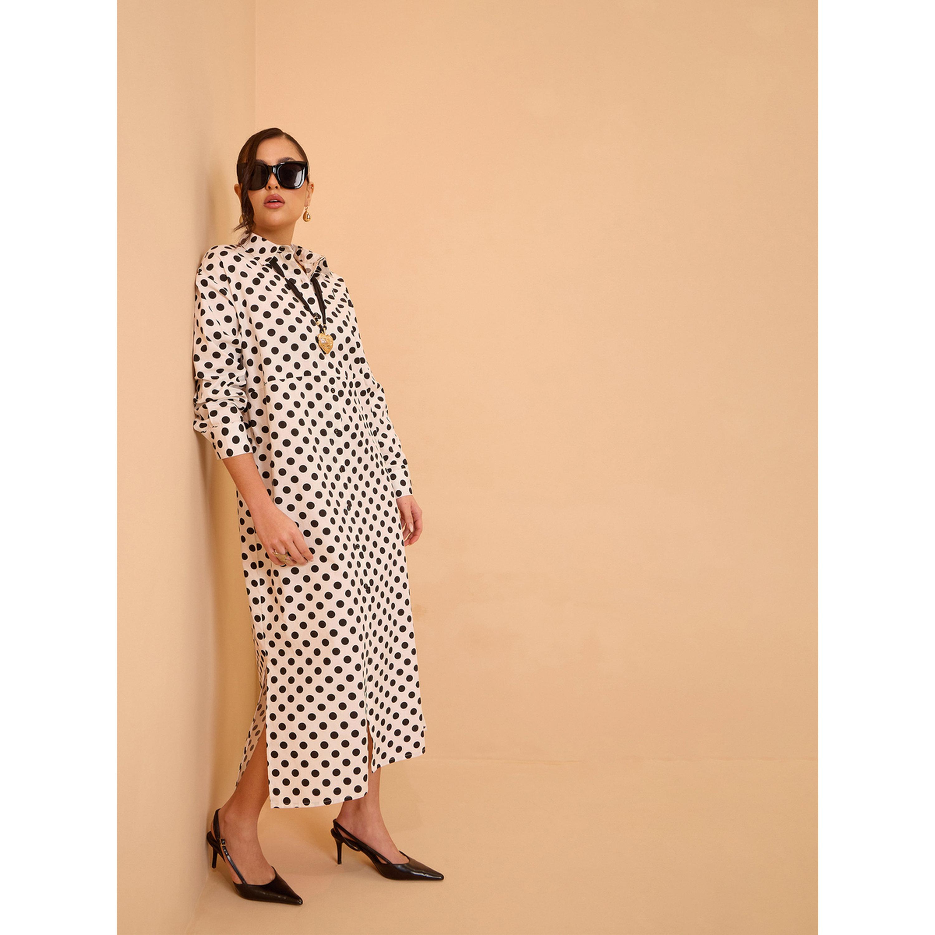 فستان ميدي قطن بنمط بلوزة وطبعة منقطة أبيض-women-clothing-dresses-image-2