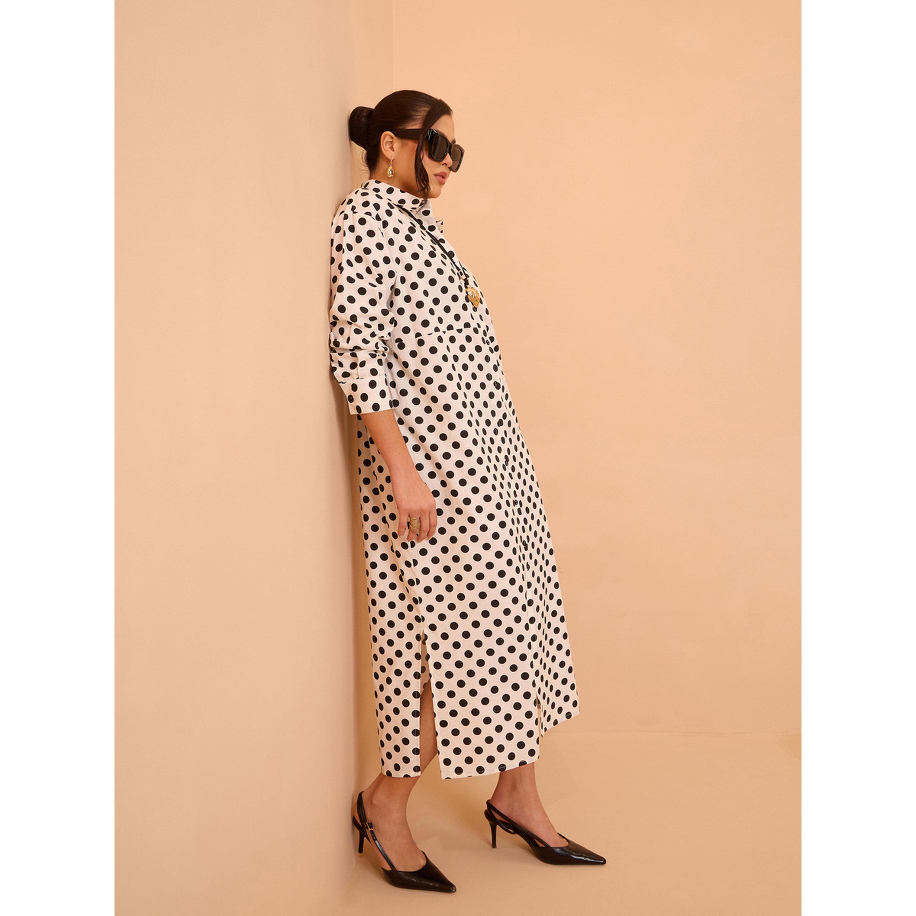 فستان ميدي قطن بنمط بلوزة وطبعة منقطة أبيض-women-clothing-dresses-image-3