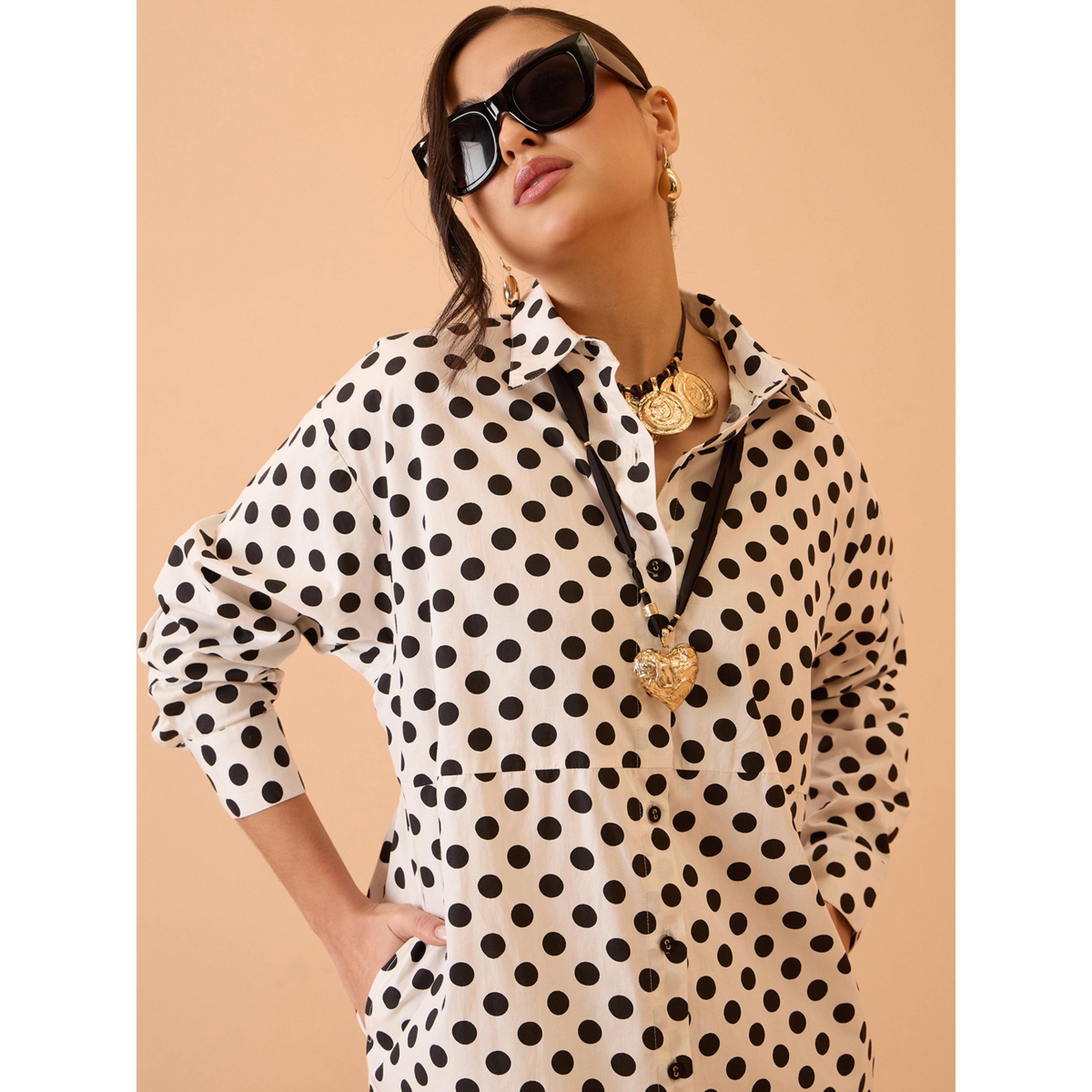 فستان ميدي قطن بنمط بلوزة وطبعة منقطة أبيض-women-clothing-dresses-image-6