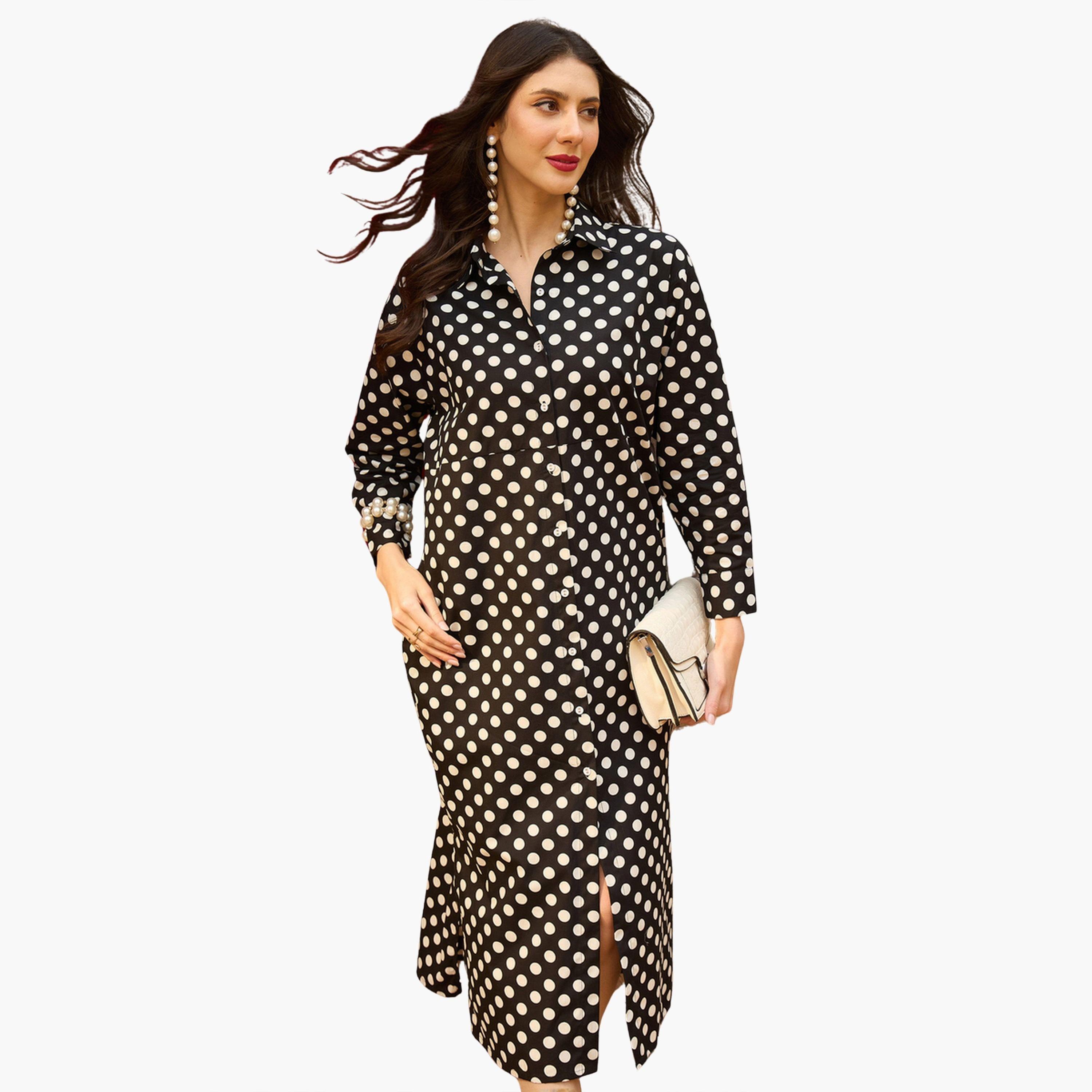 فستان ميدي قطن بنمط بلوزة وطبعة منقطة أسود-women-clothing-dresses-image-1