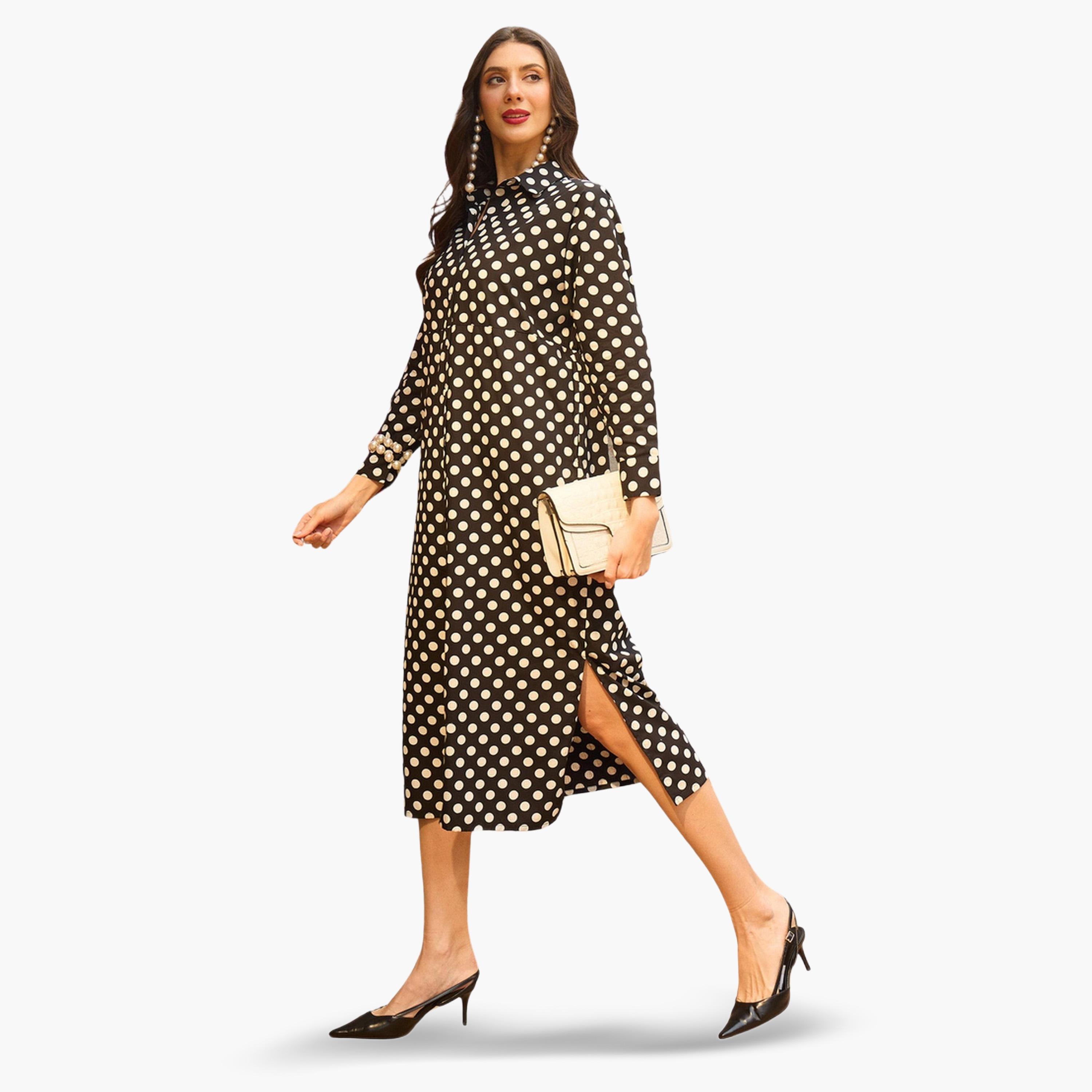 فستان ميدي قطن بنمط بلوزة وطبعة منقطة أسود-women-clothing-dresses-image-2