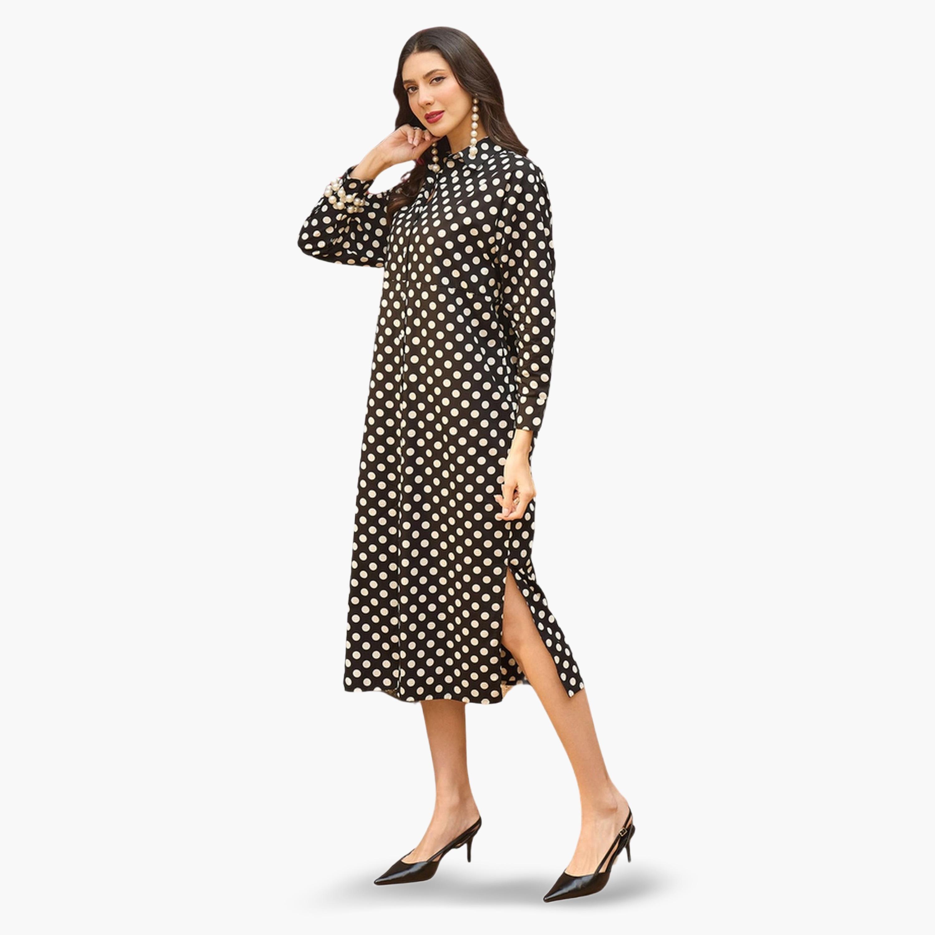 Sassafras X Styli Black Polka Dot Cotton Shirt Midi Dress-women-clothing-dresses-image-3