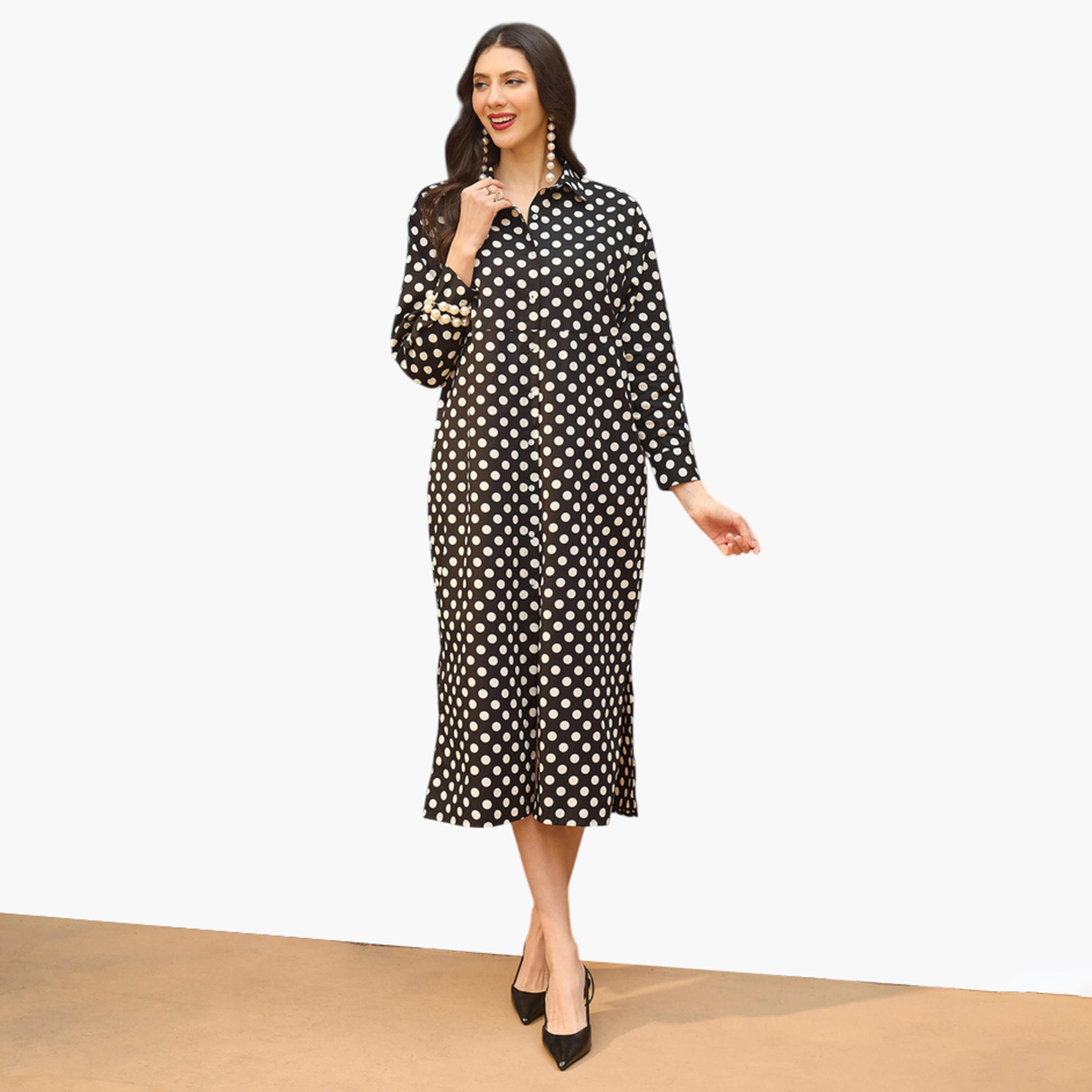 Sassafras X Styli Black Polka Dot Cotton Shirt Midi Dress-women-clothing-dresses-image-4