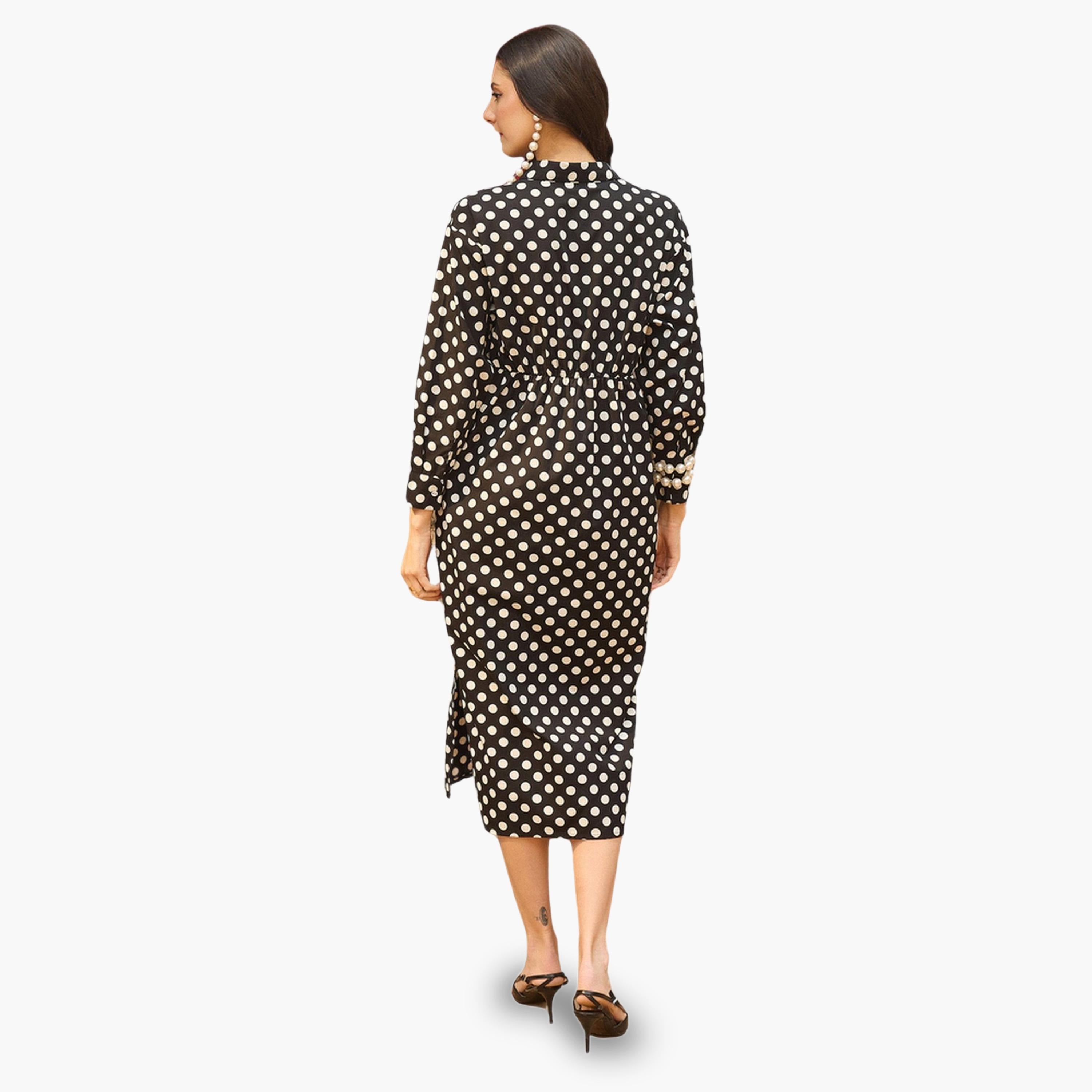فستان ميدي قطن بنمط بلوزة وطبعة منقطة أسود-women-clothing-dresses-image-5