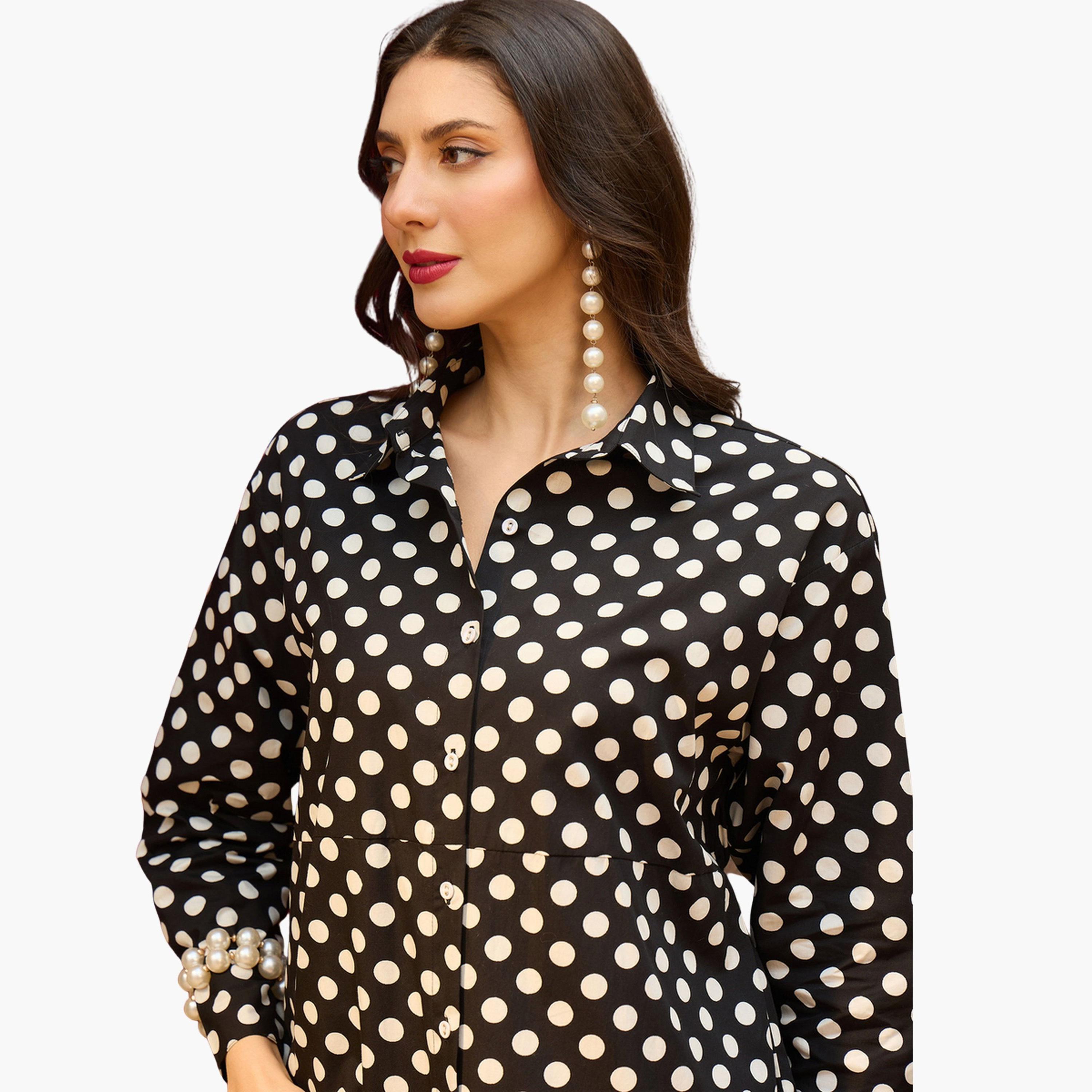 فستان ميدي قطن بنمط بلوزة وطبعة منقطة أسود-women-clothing-dresses-image-6