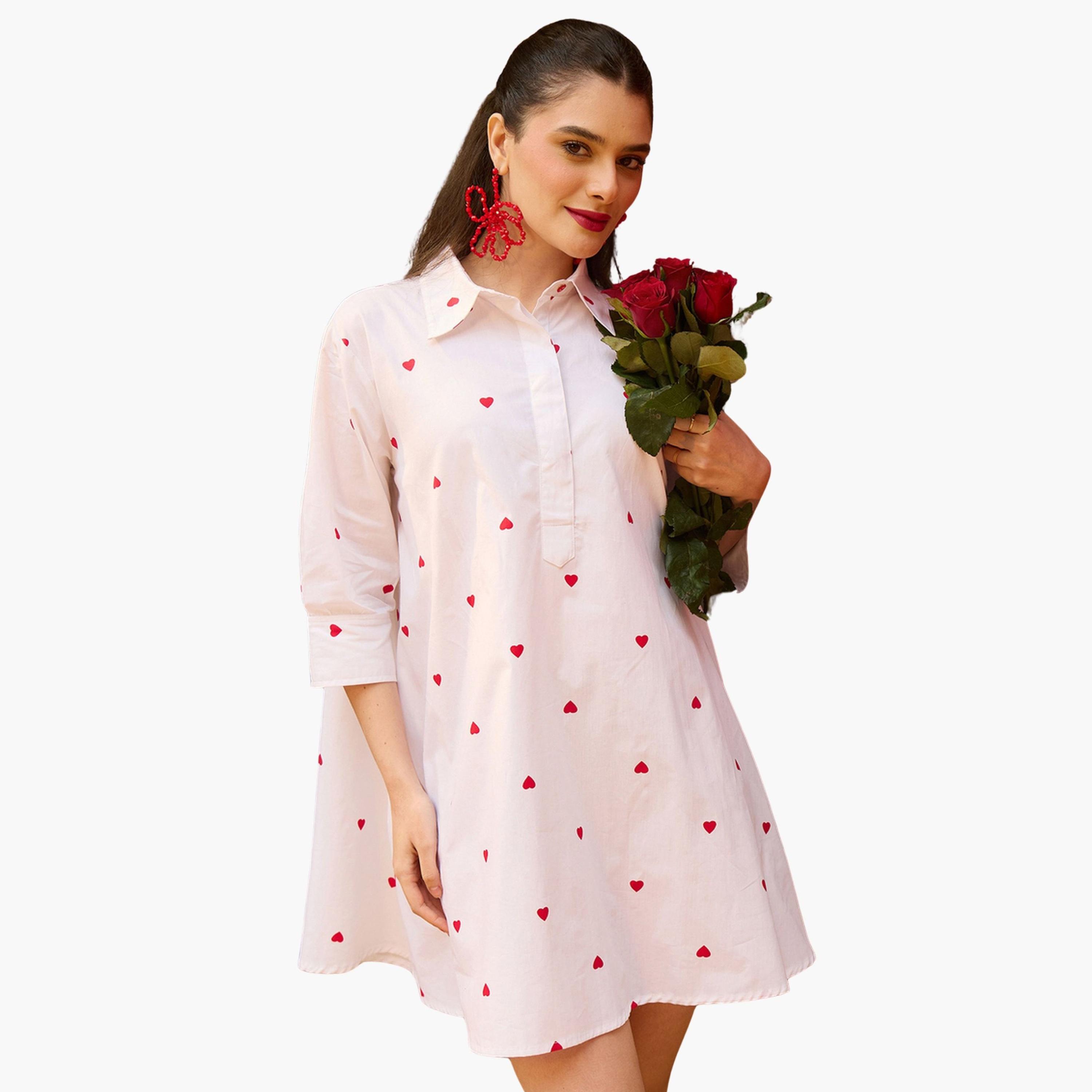 فستان قصير بياقة وطبعة قلوب أبيض-women-clothing-dresses-image-1