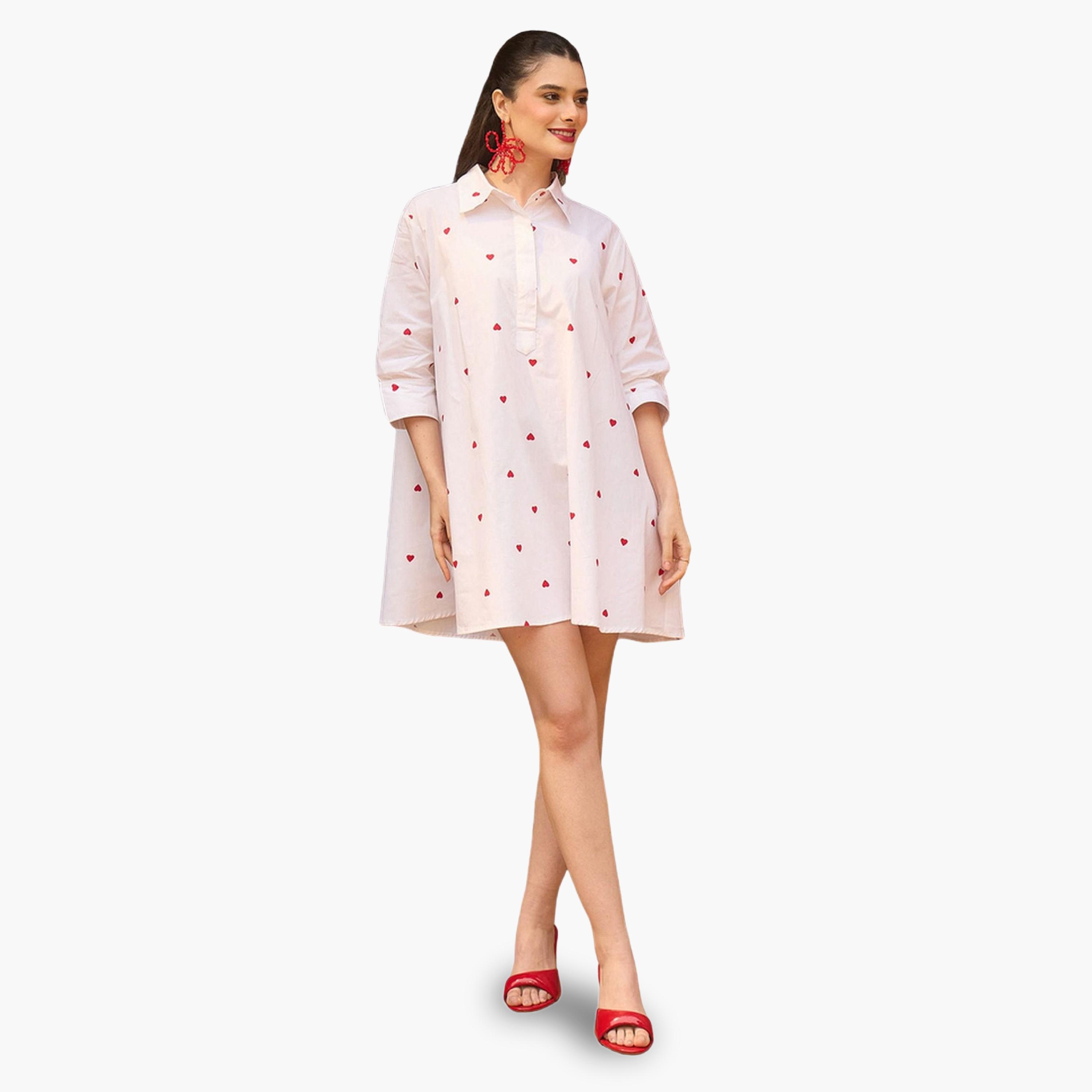 Sassafras X Styli White Heart Print Collar Neck Mini Dress-women-clothing-dresses-image-2