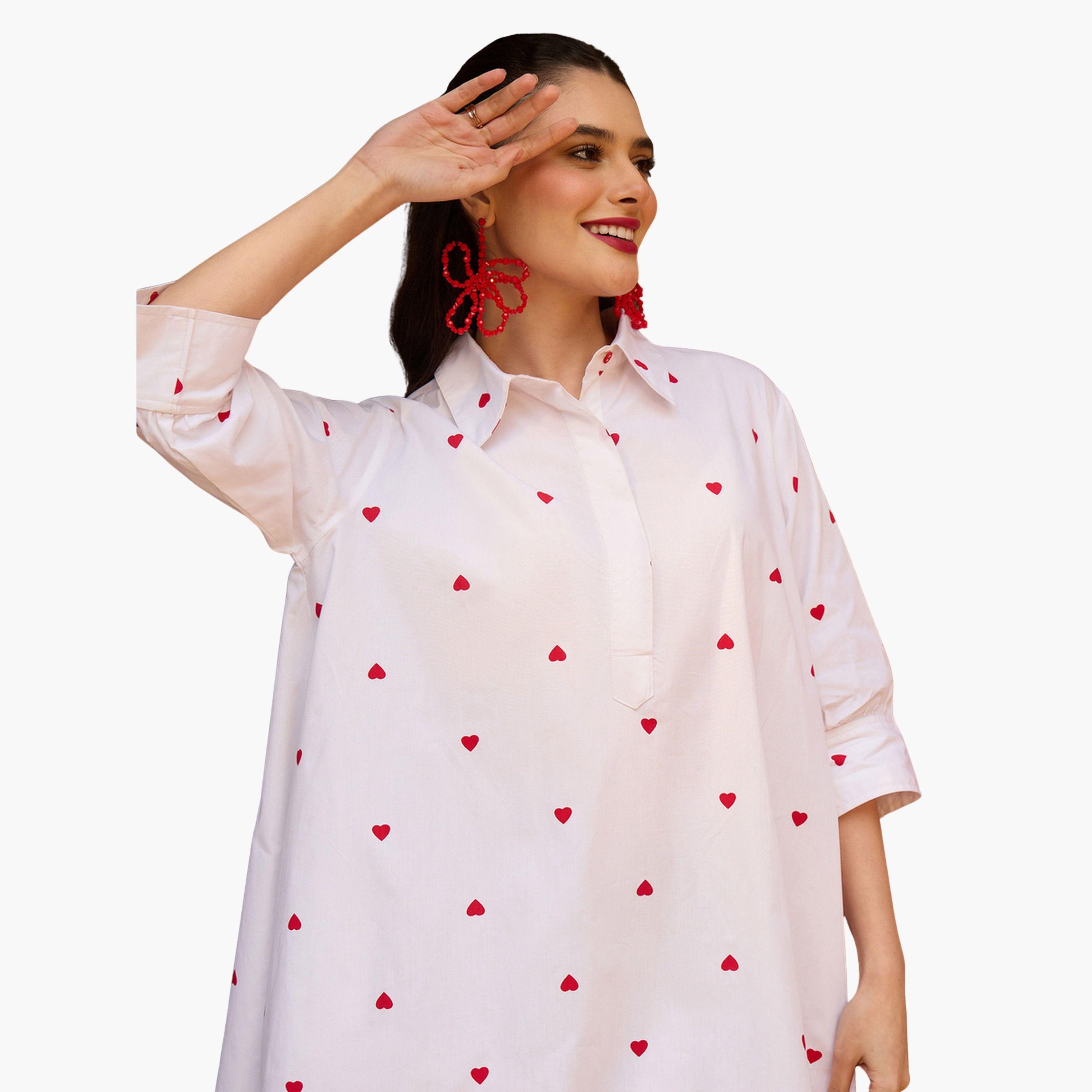فستان قصير بياقة وطبعة قلوب أبيض-women-clothing-dresses-image-4