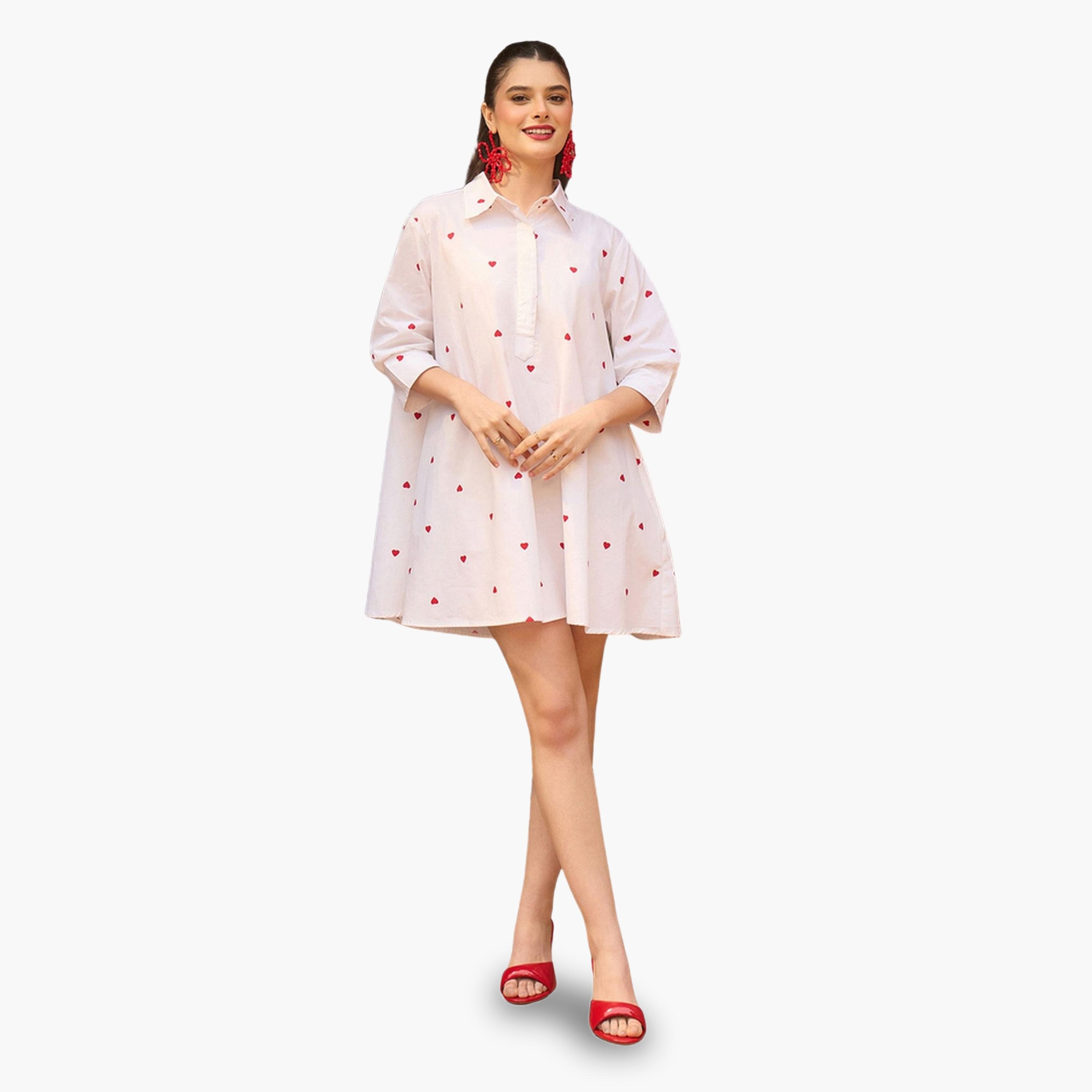 Sassafras X Styli White Heart Print Collar Neck Mini Dress-women-clothing-dresses-image-6