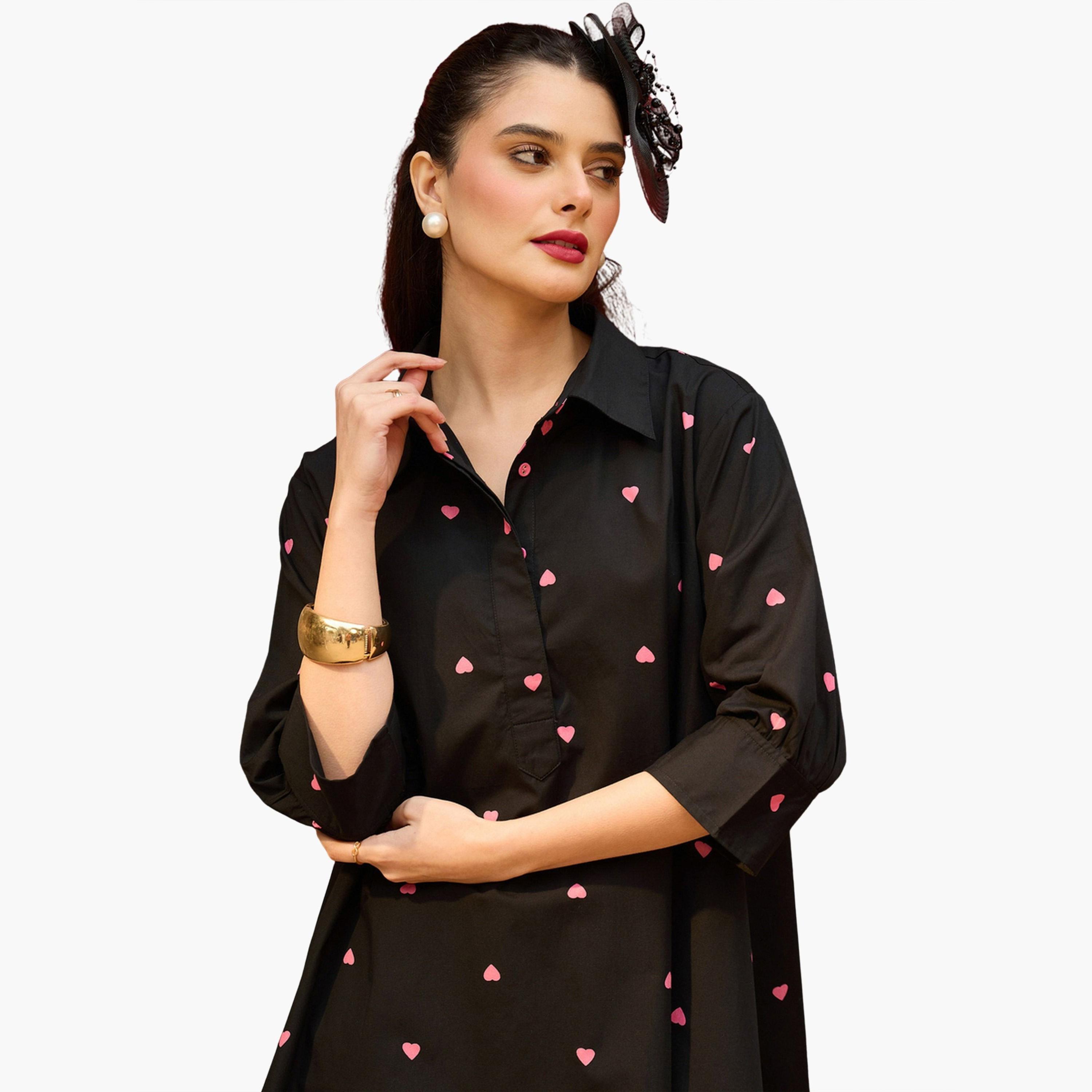 Sassafras X Styli Black Heart Print Collar Neck Mini Dress-women-clothing-dresses-image-4