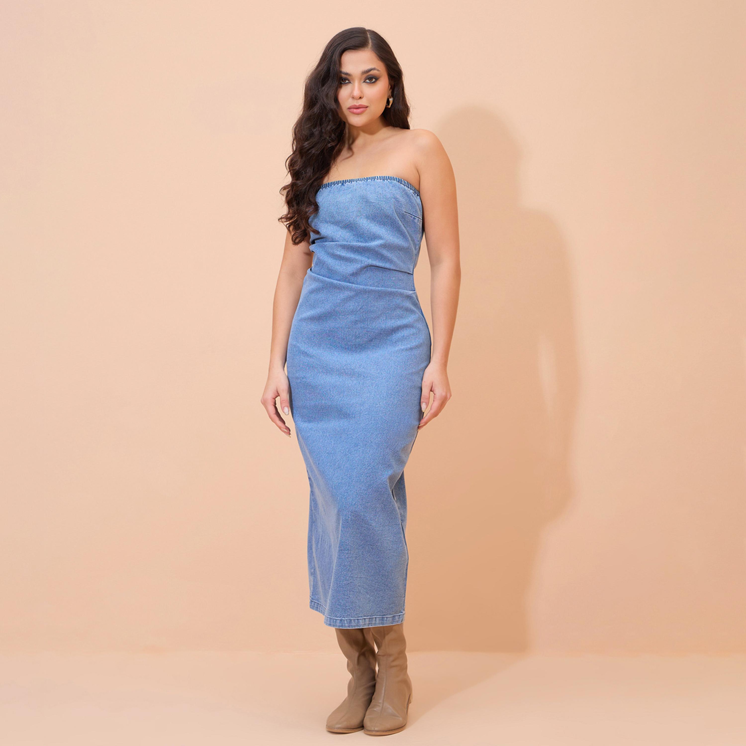 Sassafras X Styli Blue Denim Washed Bandeau Midi Dress-women-clothing-dresses-image-1
