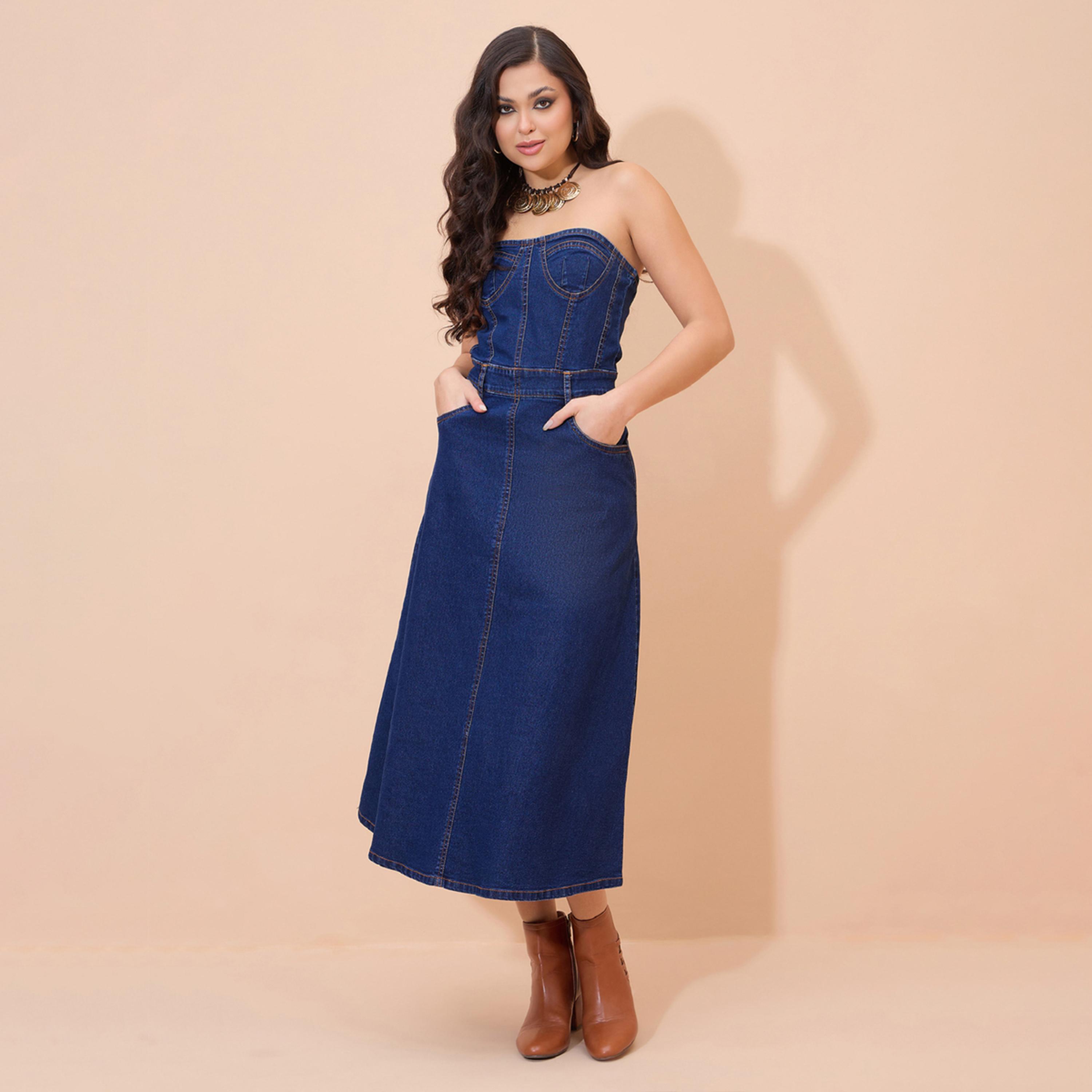 فستان ميدي باندو دنيم مغسول أزرق كحلي-women-clothing-dresses-image-1