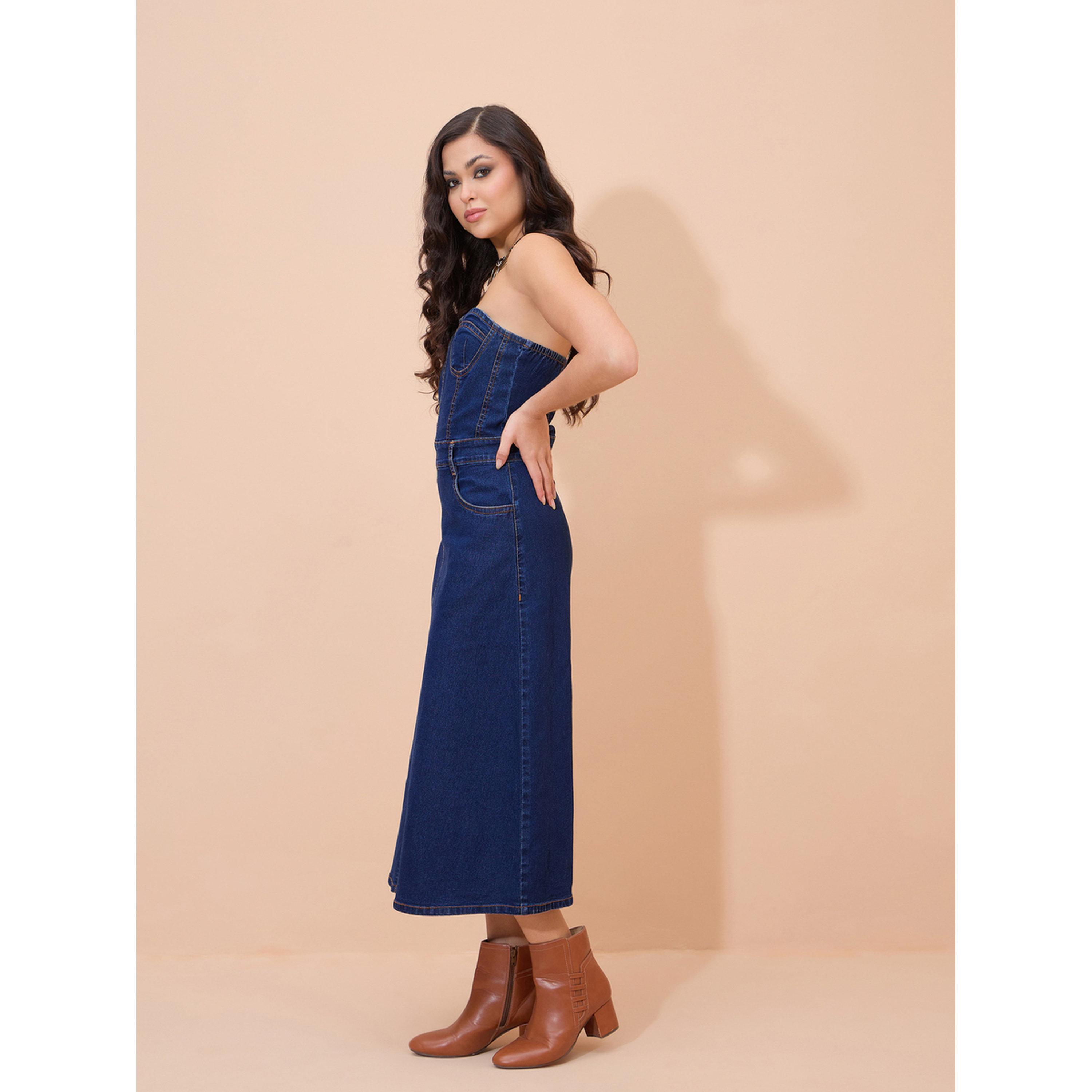 Sassafras X Styli Navy Blue Denim Washed Bandeau Midi Dress-women-clothing-dresses-image-3