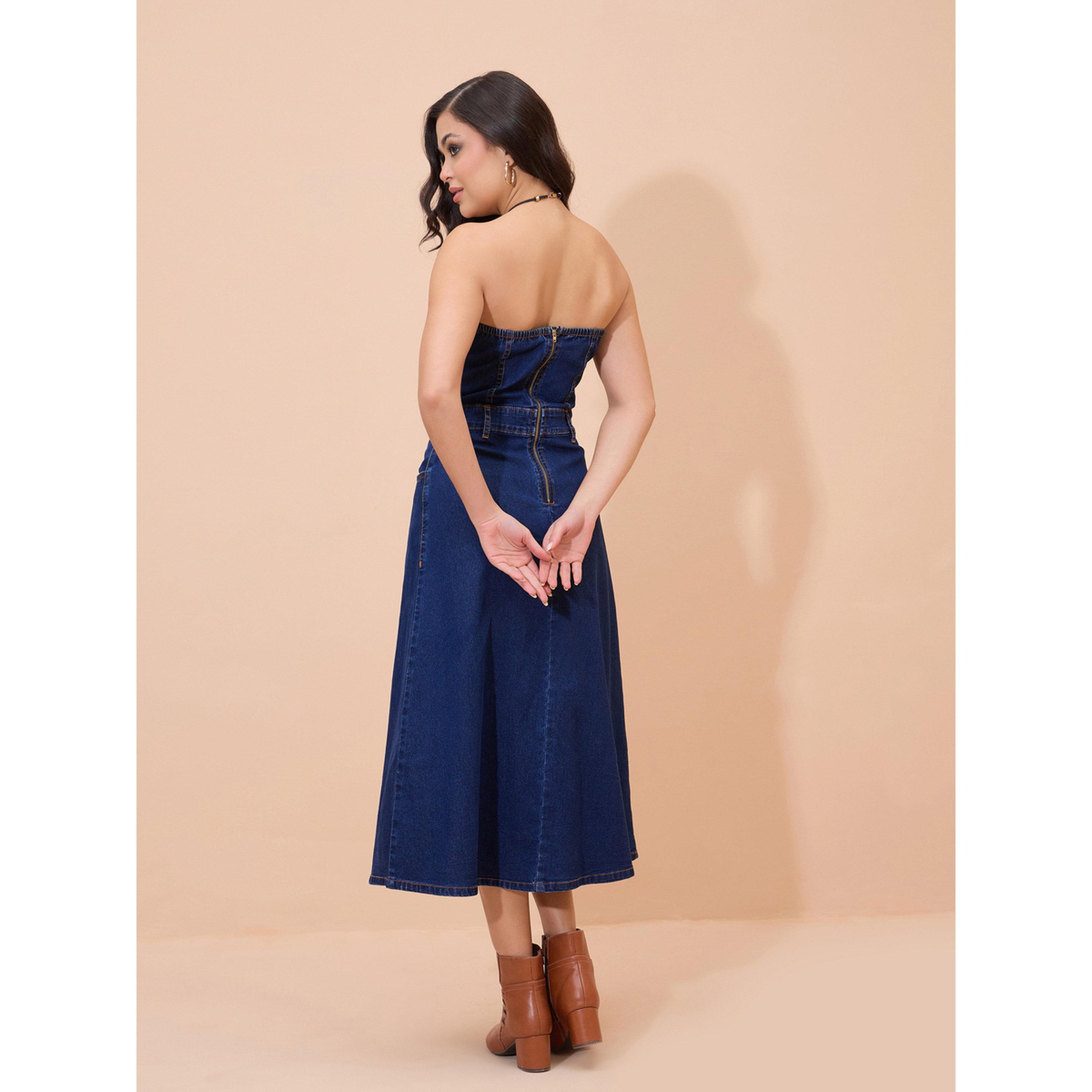 فستان ميدي باندو دنيم مغسول أزرق كحلي-women-clothing-dresses-image-5
