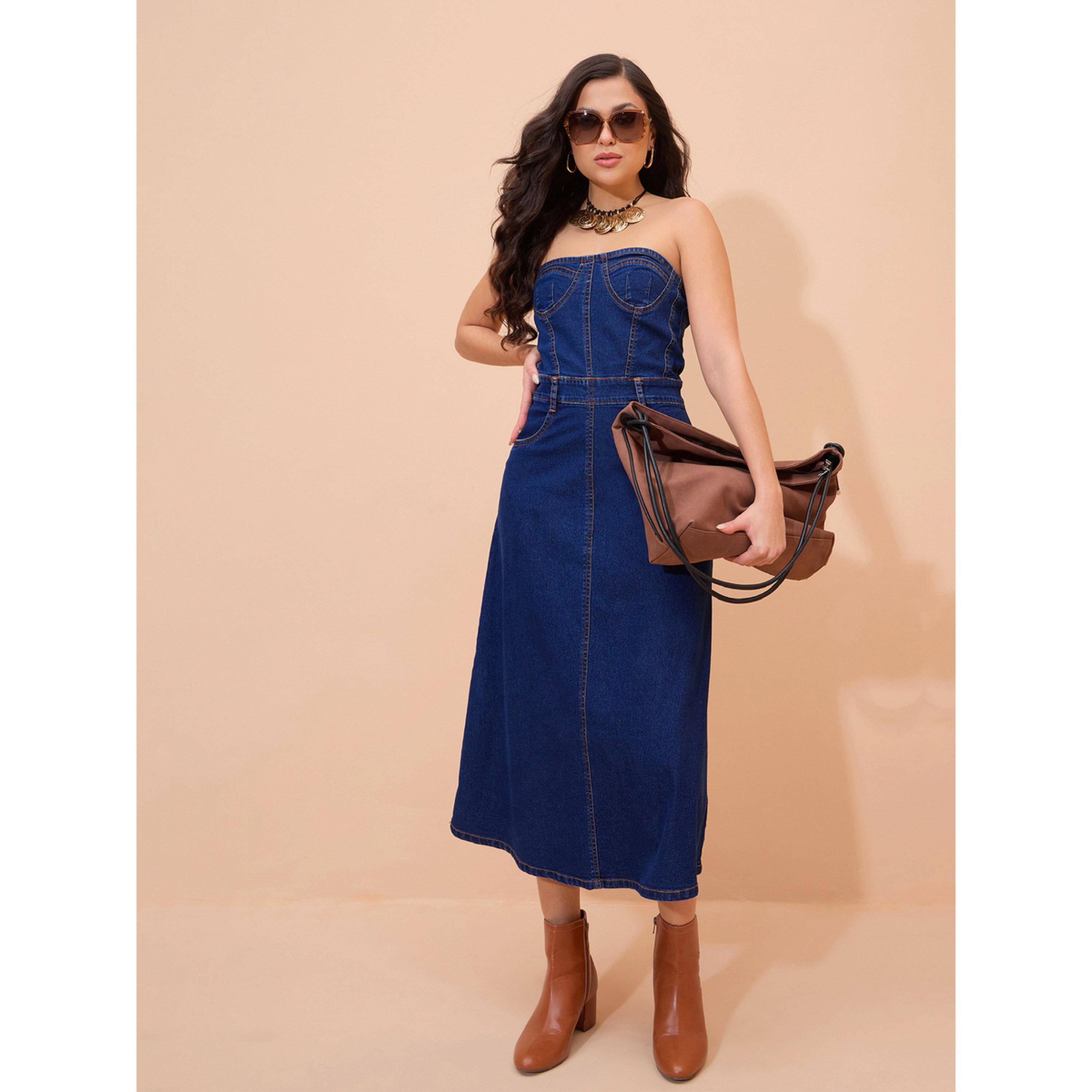 Sassafras X Styli Navy Blue Denim Washed Bandeau Midi Dress-women-clothing-dresses-image-6
