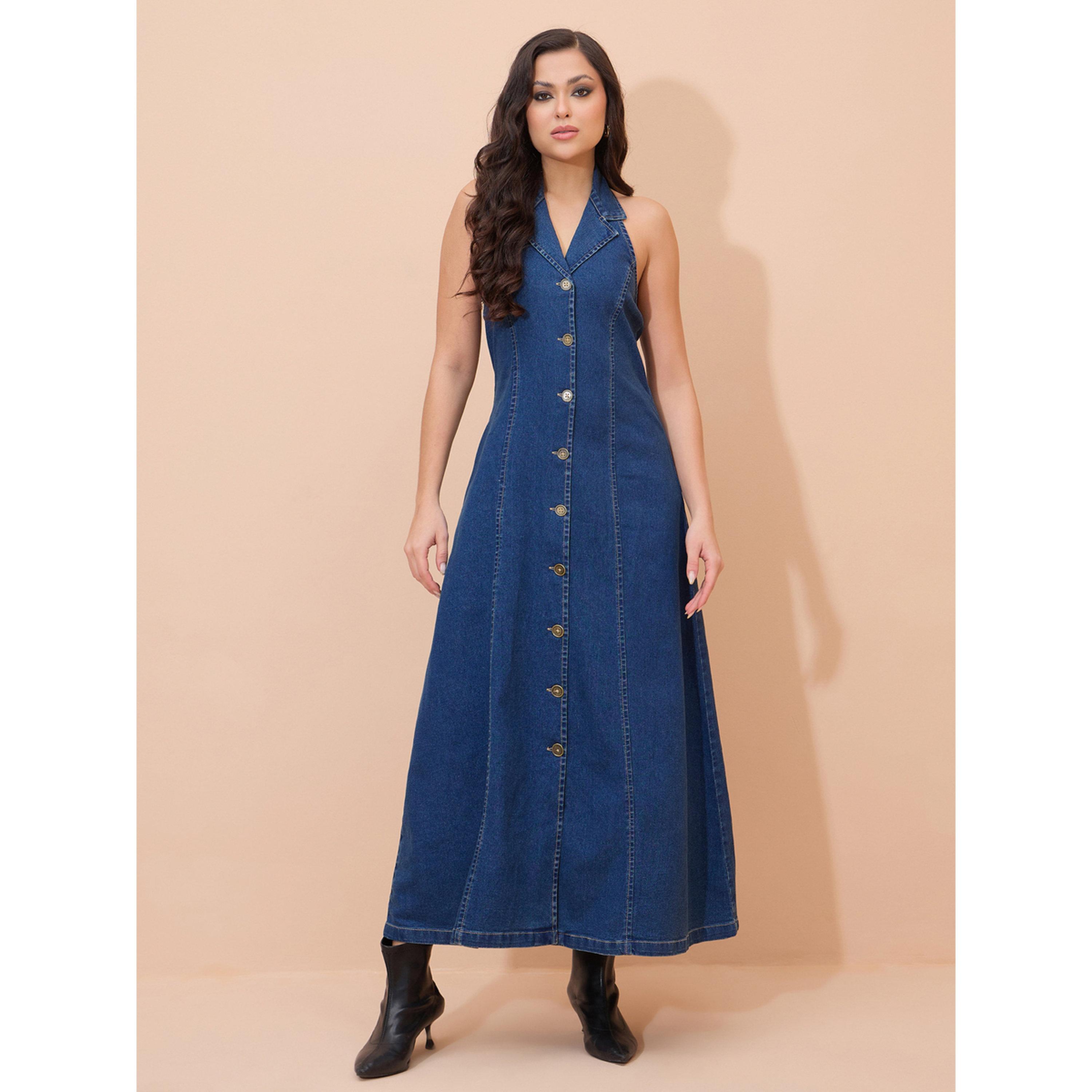 Sassafras X Styli Blue Denim Button Down Halter Neck Maxi Dress-women-clothing-dresses-image-1