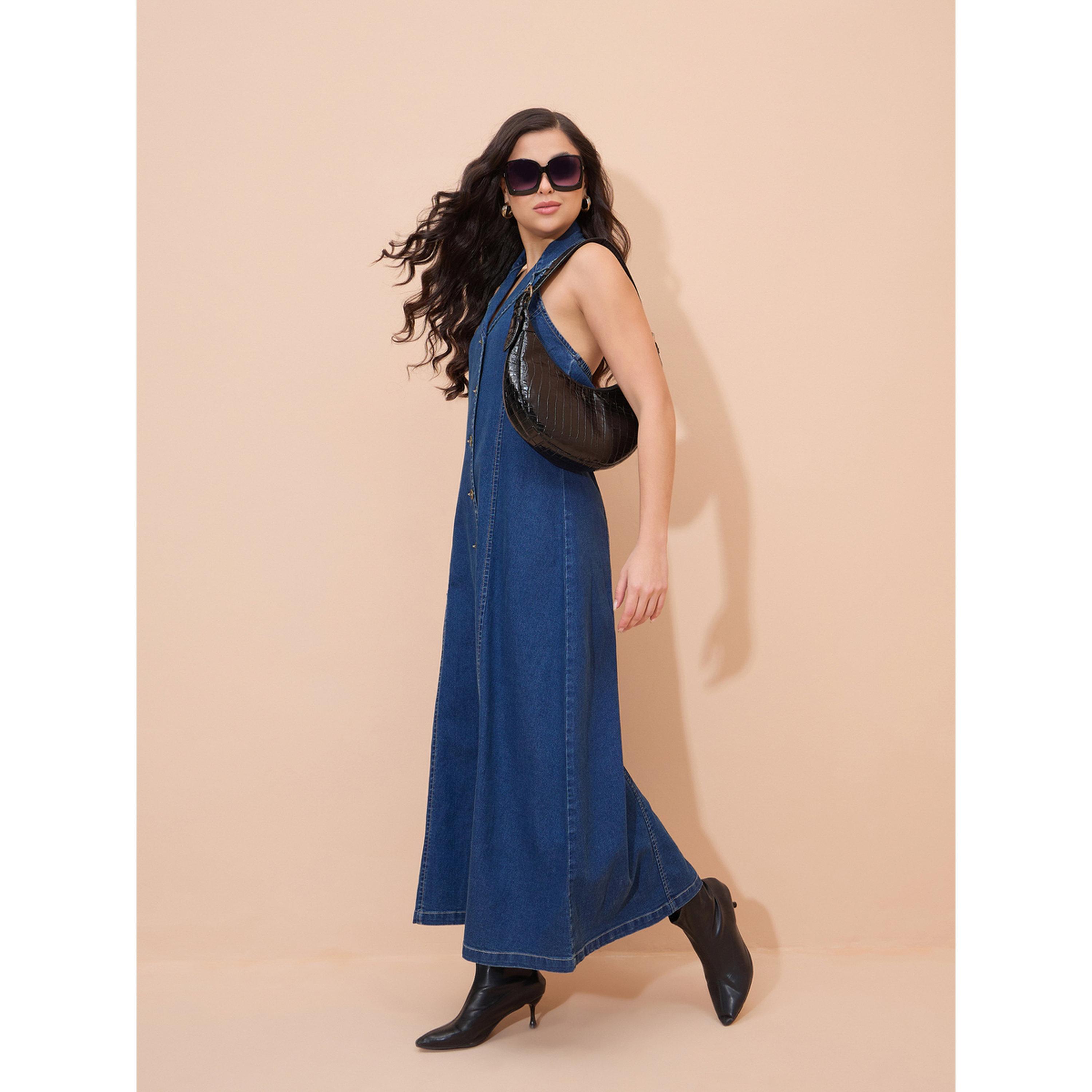 فستان طويل دنيم بياقة هولتر وأزرار أزرق-women-clothing-dresses-image-2