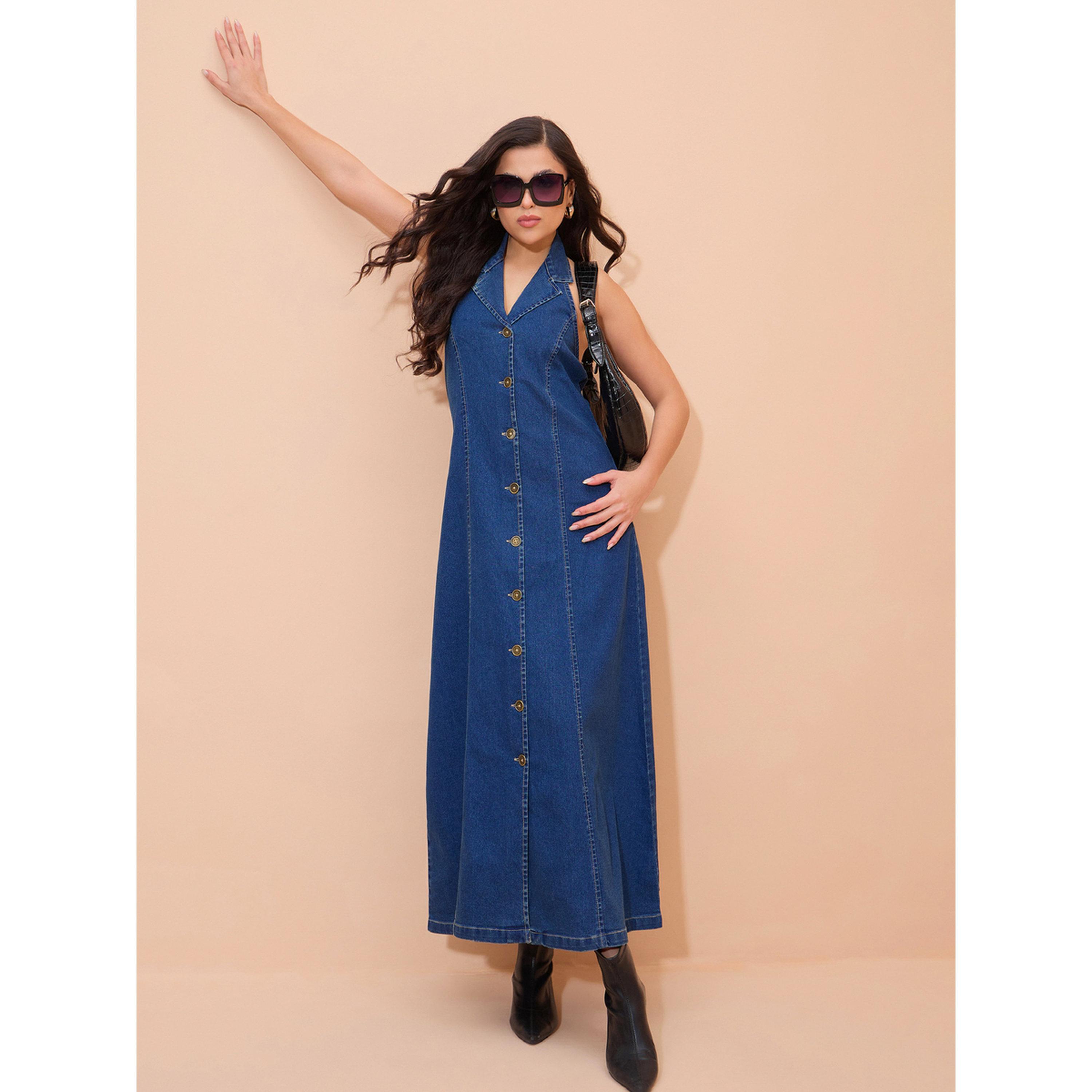Sassafras X Styli Blue Denim Button Down Halter Neck Maxi Dress-women-clothing-dresses-image-6