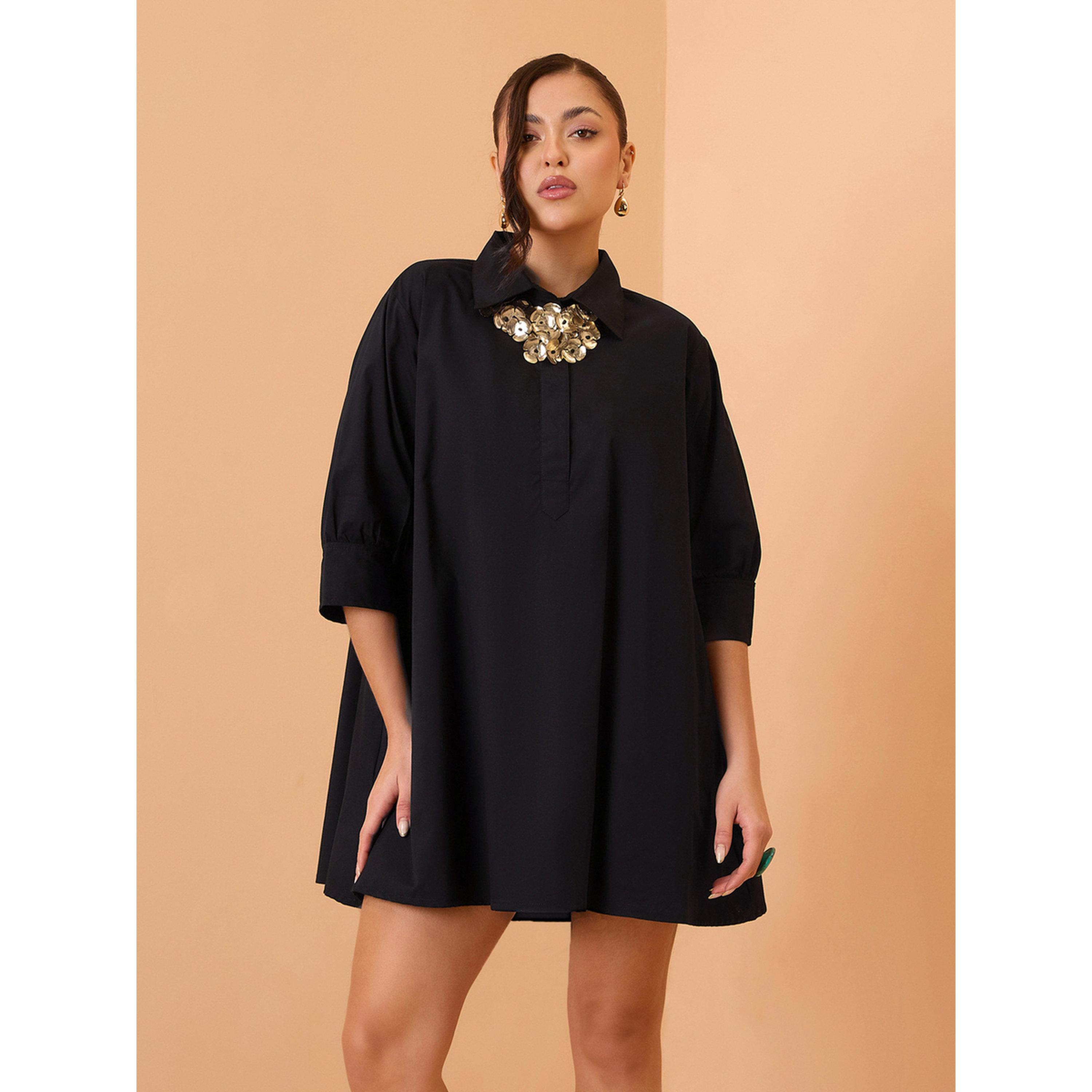 Sassafras X Styli Black Poplin Flared Mini Dress-women-clothing-dresses-image-1
