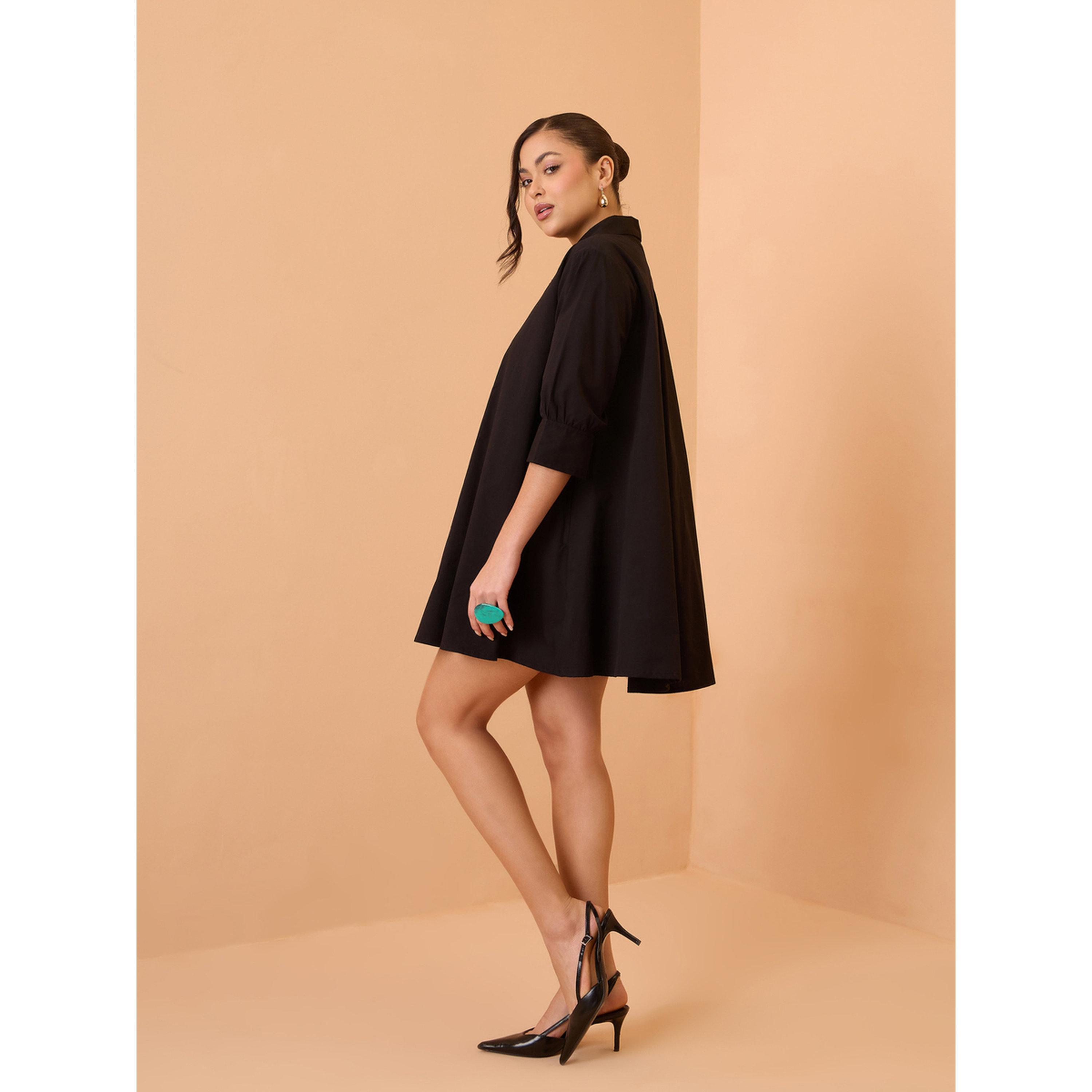 فستان قصير بوبلين بحافة واسعة أسود-women-clothing-dresses-image-3