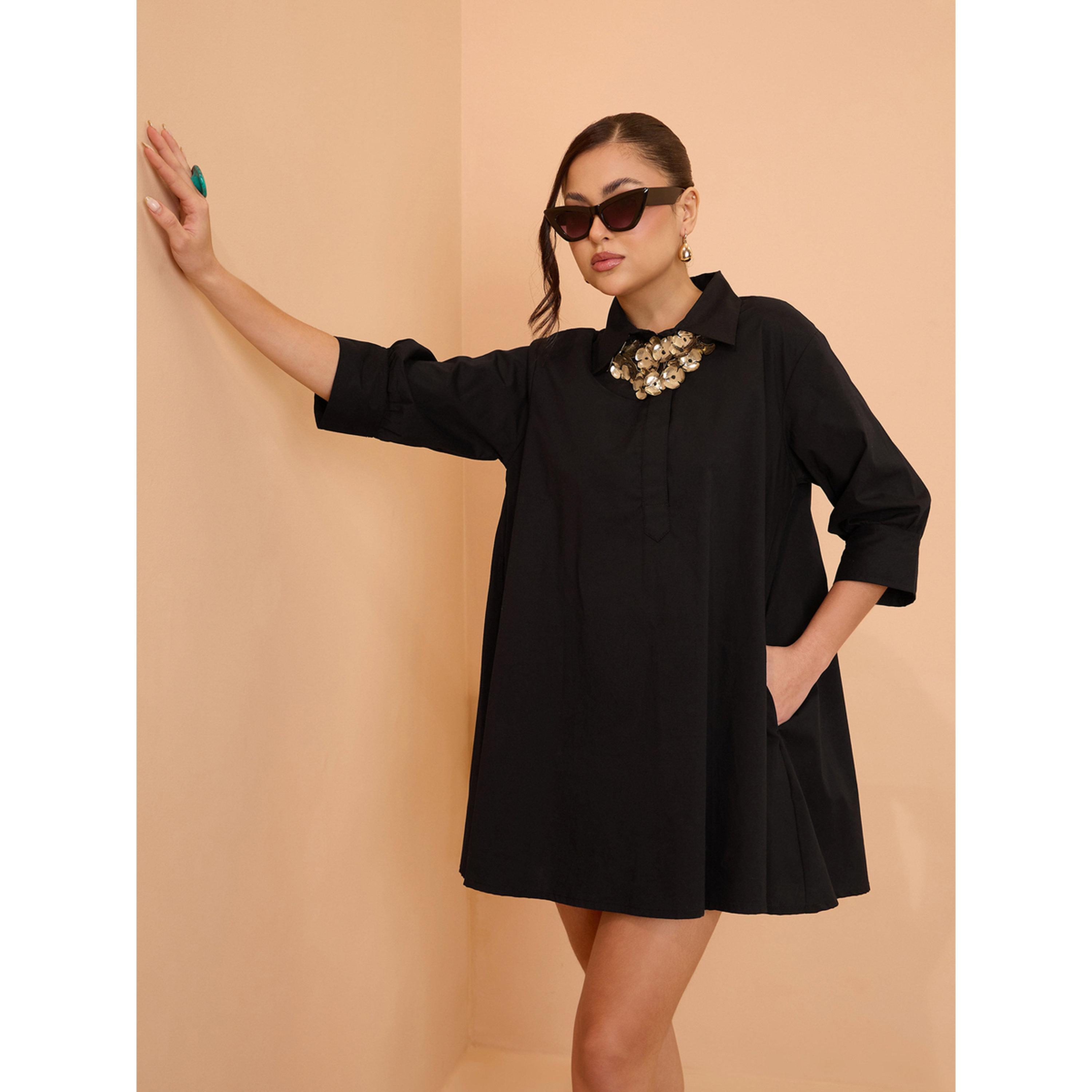 فستان قصير بوبلين بحافة واسعة أسود-women-clothing-dresses-image-4