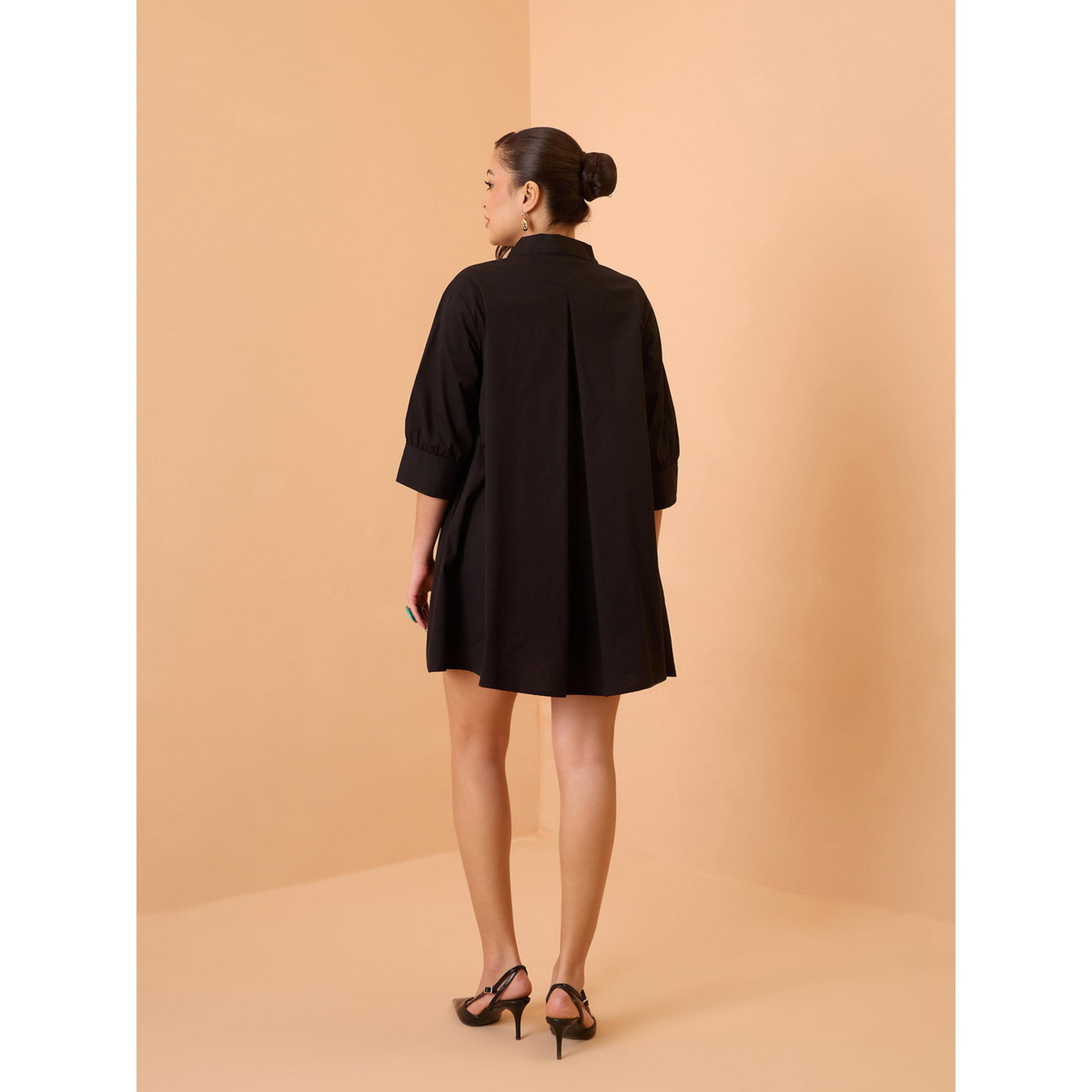 فستان قصير بوبلين بحافة واسعة أسود-women-clothing-dresses-image-5