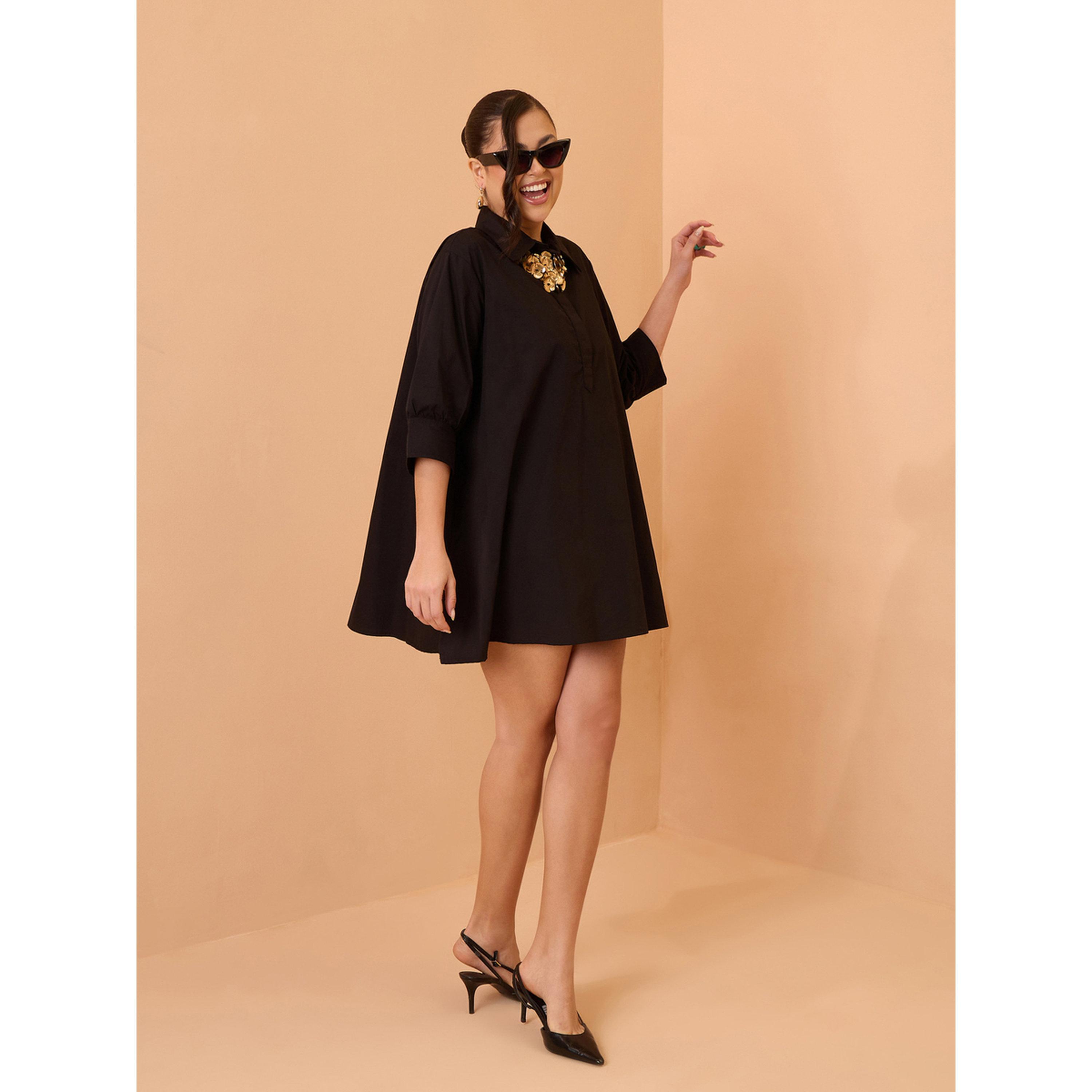 فستان قصير بوبلين بحافة واسعة أسود-women-clothing-dresses-image-6