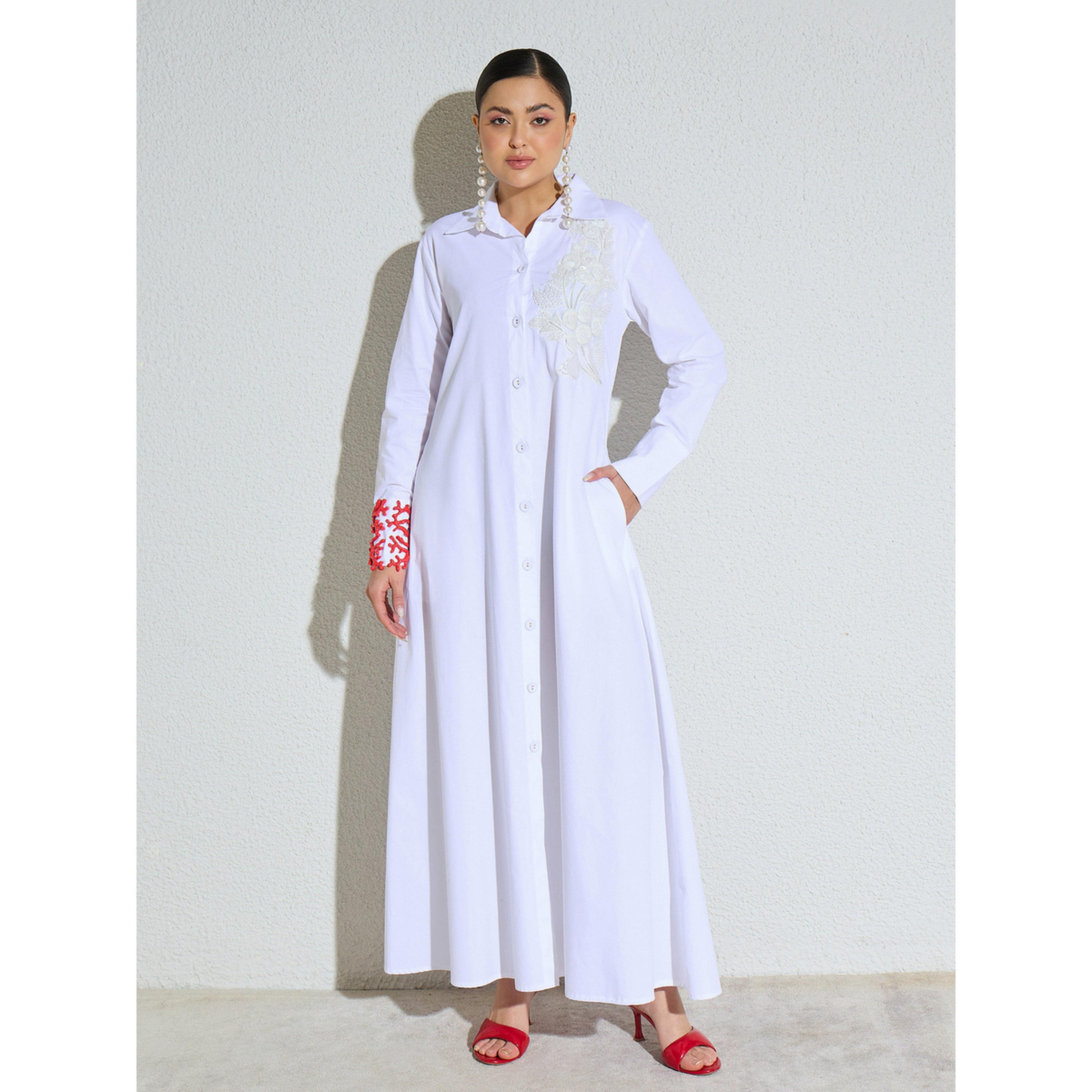 فستان طويل بوبلين بتفاصيل دانتيل مزينة أبيض-women-clothing-dresses-image-1