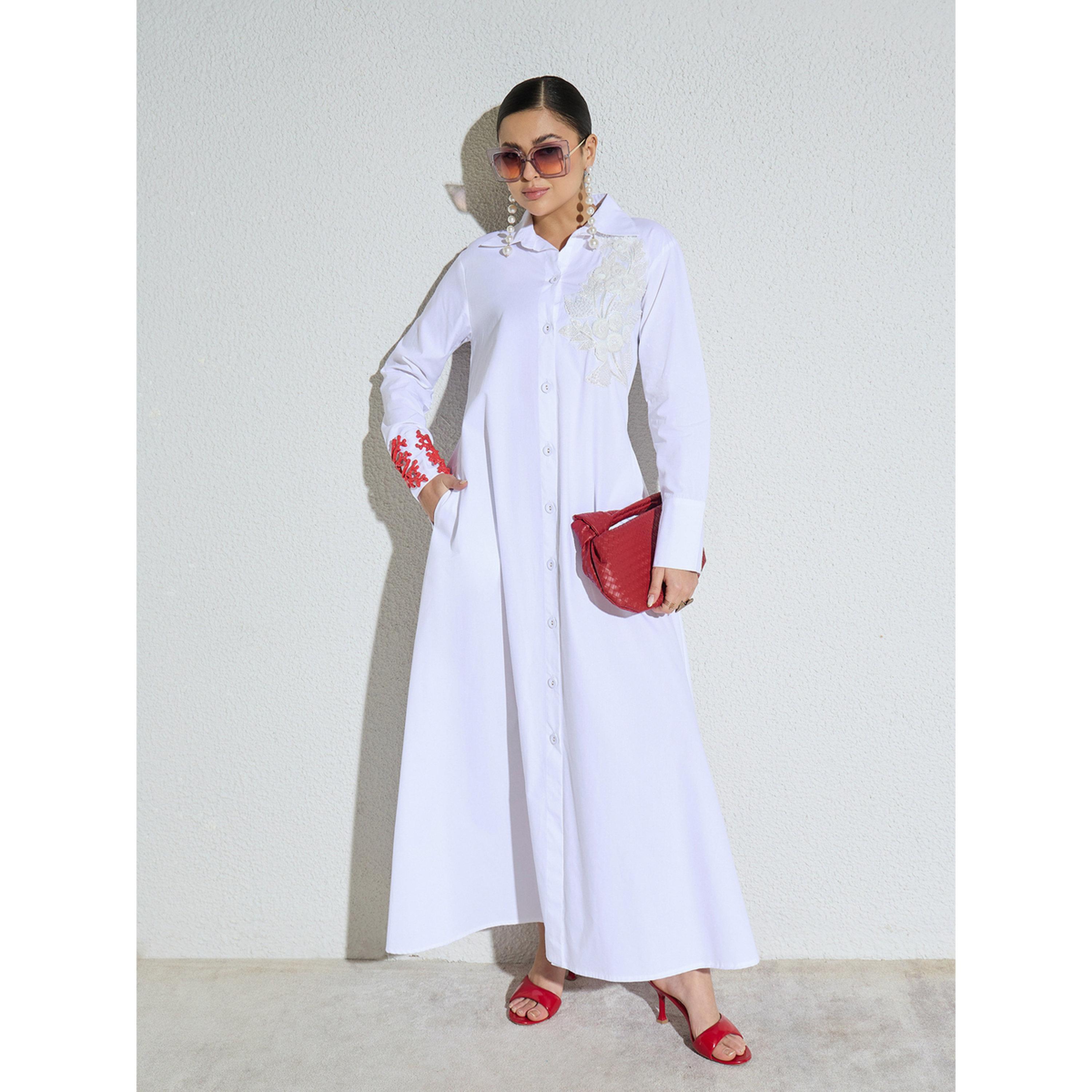 فستان طويل بوبلين بتفاصيل دانتيل مزينة أبيض-women-clothing-dresses-image-2