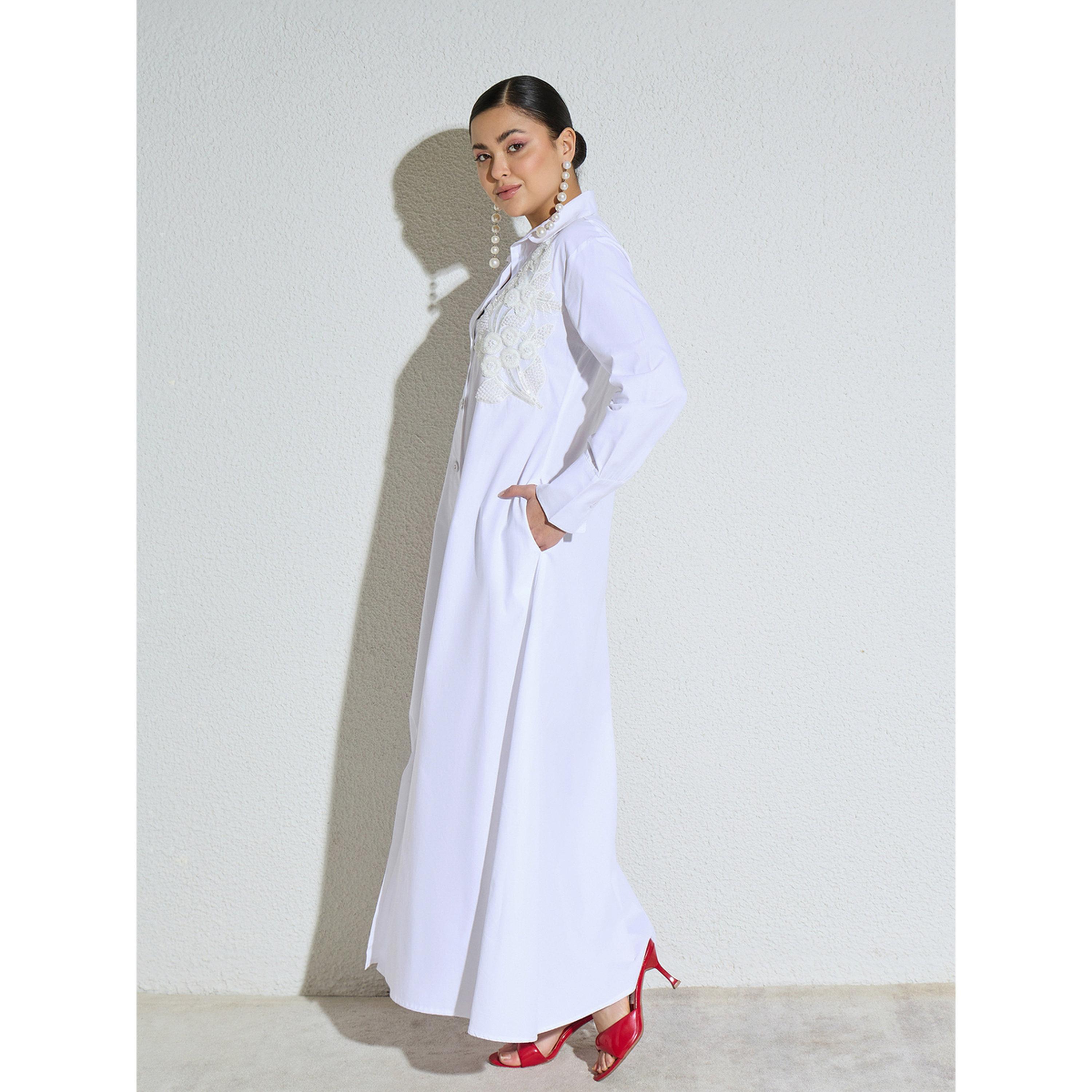 Sassafras X Styli White Poplin Embellished Lace Patch Maxi Dress-women-clothing-dresses-image-3