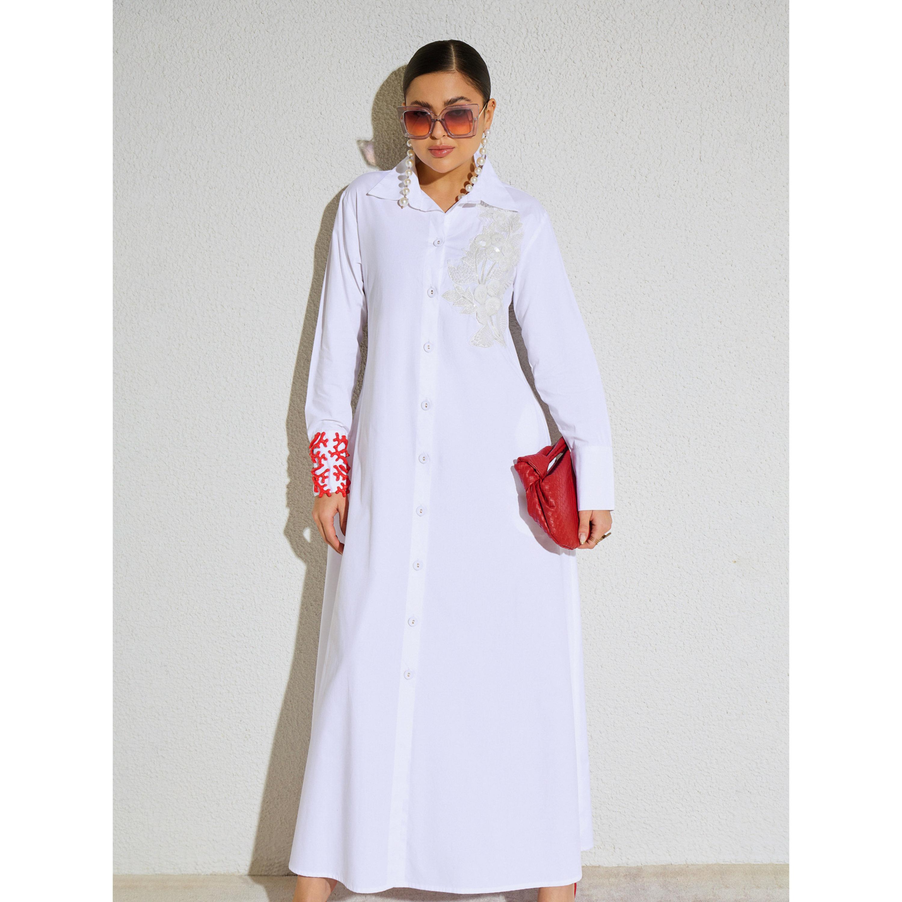 فستان طويل بوبلين بتفاصيل دانتيل مزينة أبيض-women-clothing-dresses-image-4