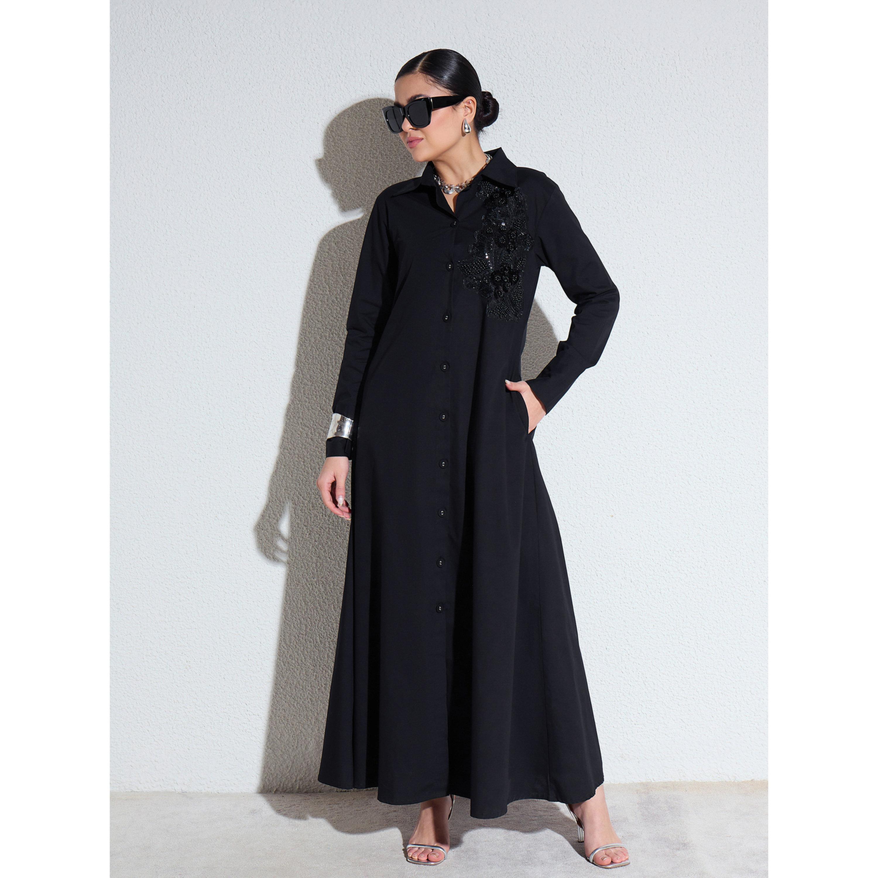 فستان طويل بوبلين بتفاصيل دانتيل مزينة أسود-women-clothing-dresses-image-1