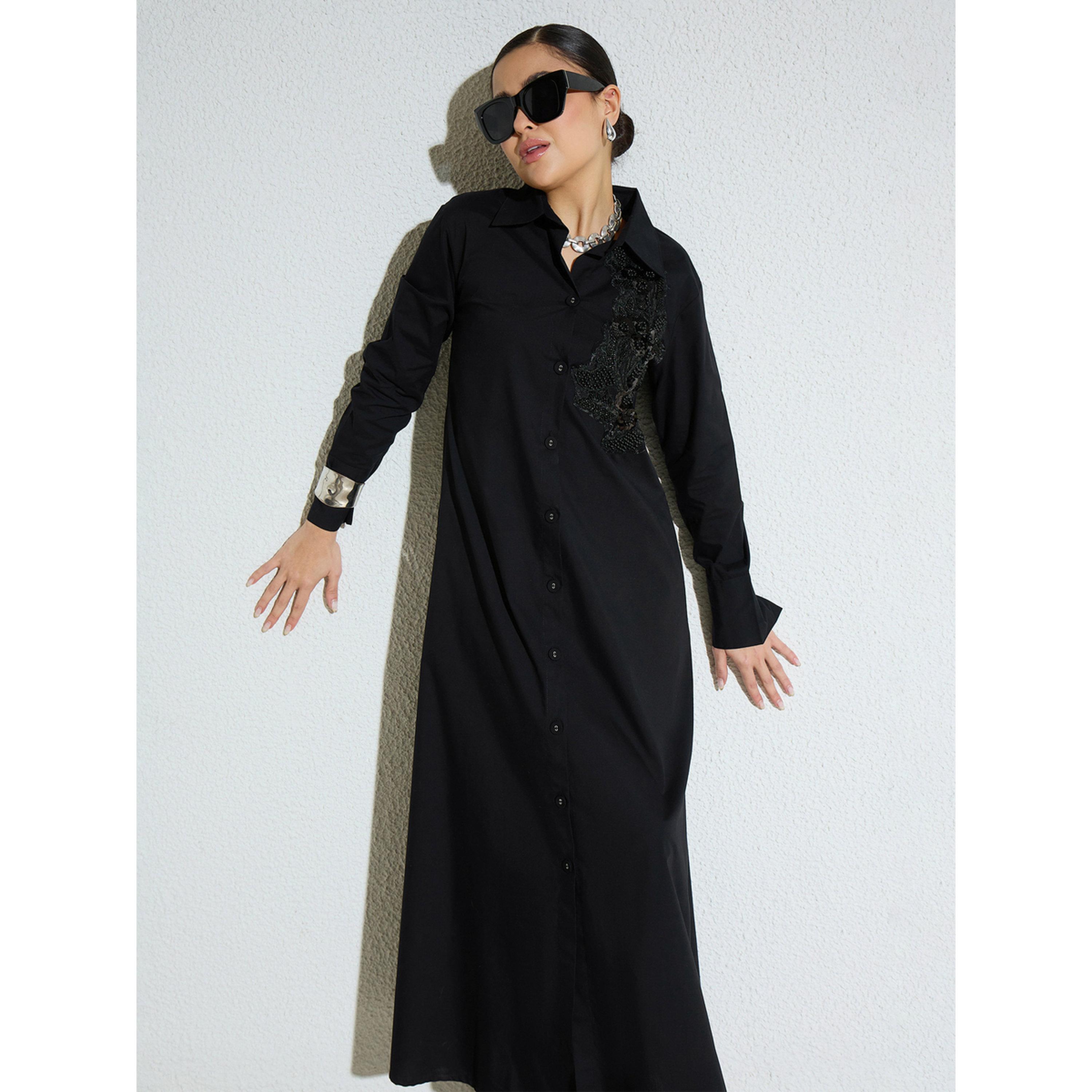 فستان طويل بوبلين بتفاصيل دانتيل مزينة أسود-women-clothing-dresses-image-2