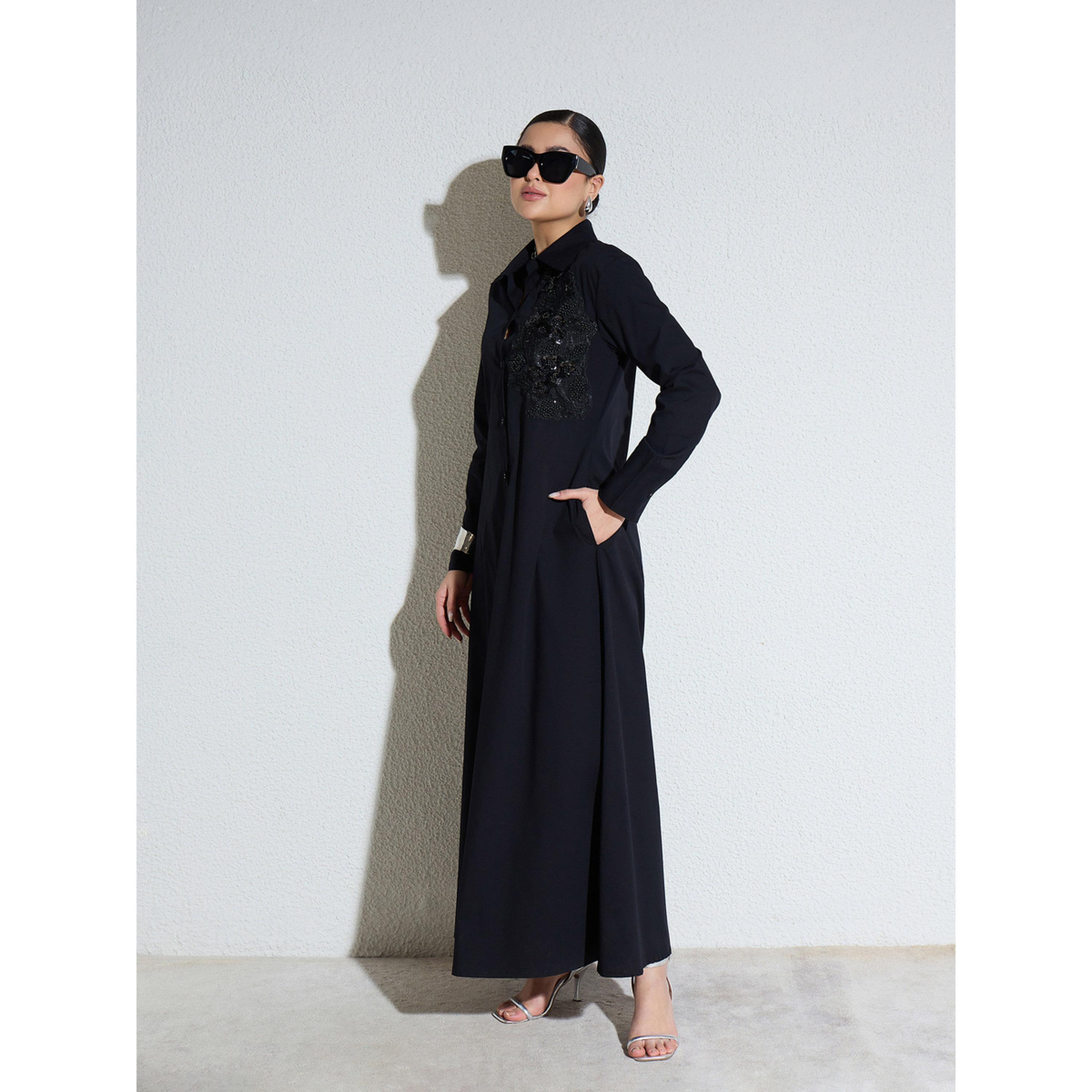 Sassafras X Styli Black Poplin Embellished Lace Patch Maxi Dress-women-clothing-dresses-image-3